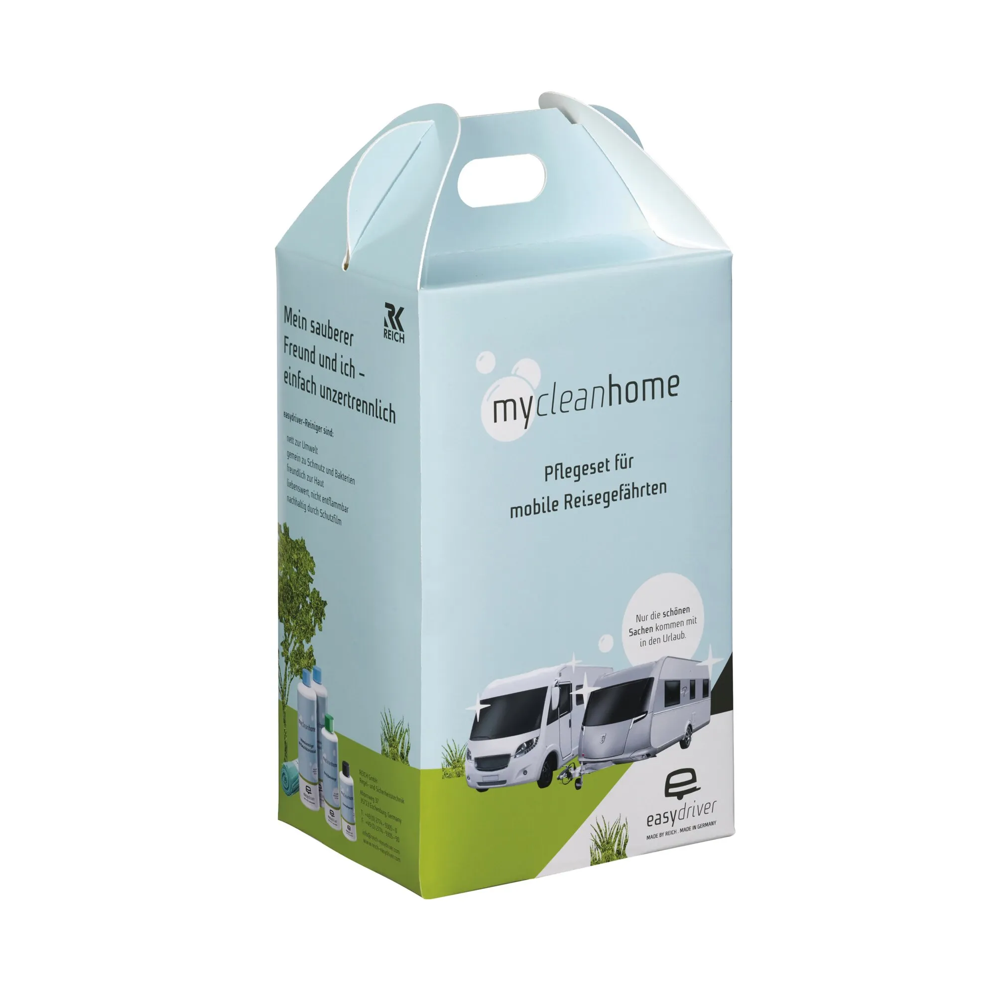 Hellblaues mycleanhome Pflegeset für mobile Reisegefährten in einer Kartonverpackung mit Wohnmobil- und Caravan-Abbildungen