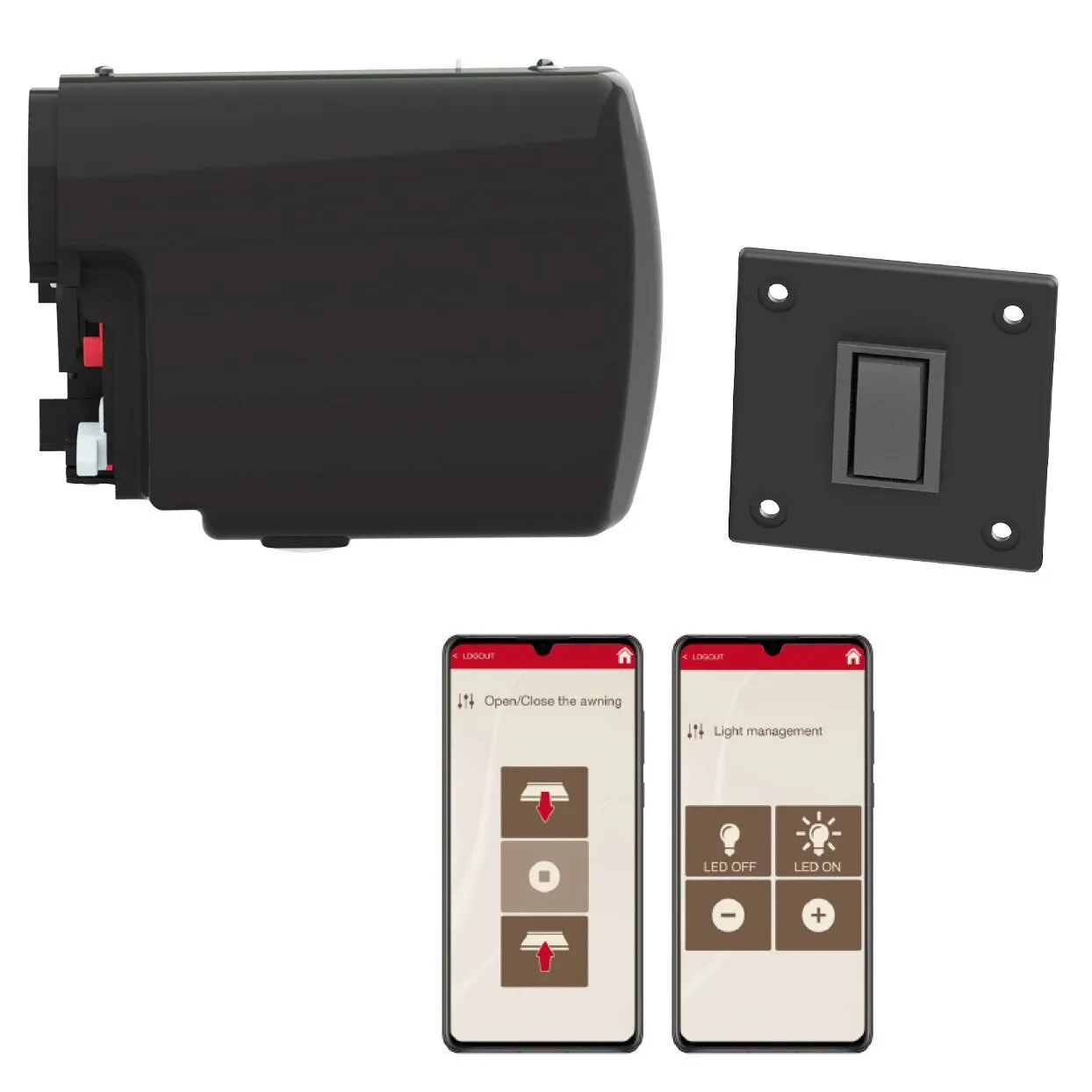 Schwarzes Motor Kit Advanced F45s mit Motorgehäuse, Wandschalter und zwei Smartphones zur Markisen- und Lichtsteuerung