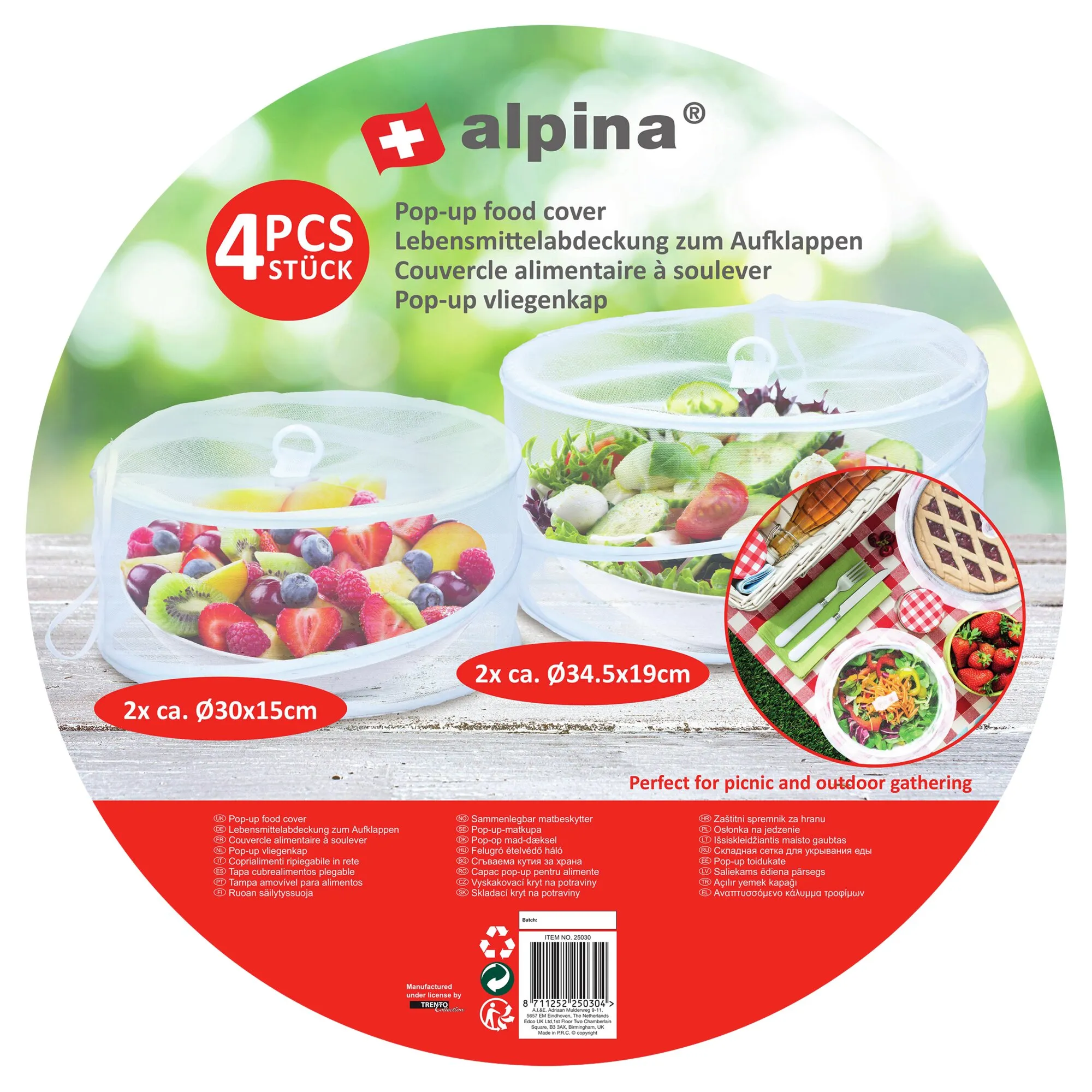 Alpina Lebensmittelabdeckung mit vier weißen Pop-up-Netzabdeckungen über Schüsseln mit Obst und Salat in zwei Größen