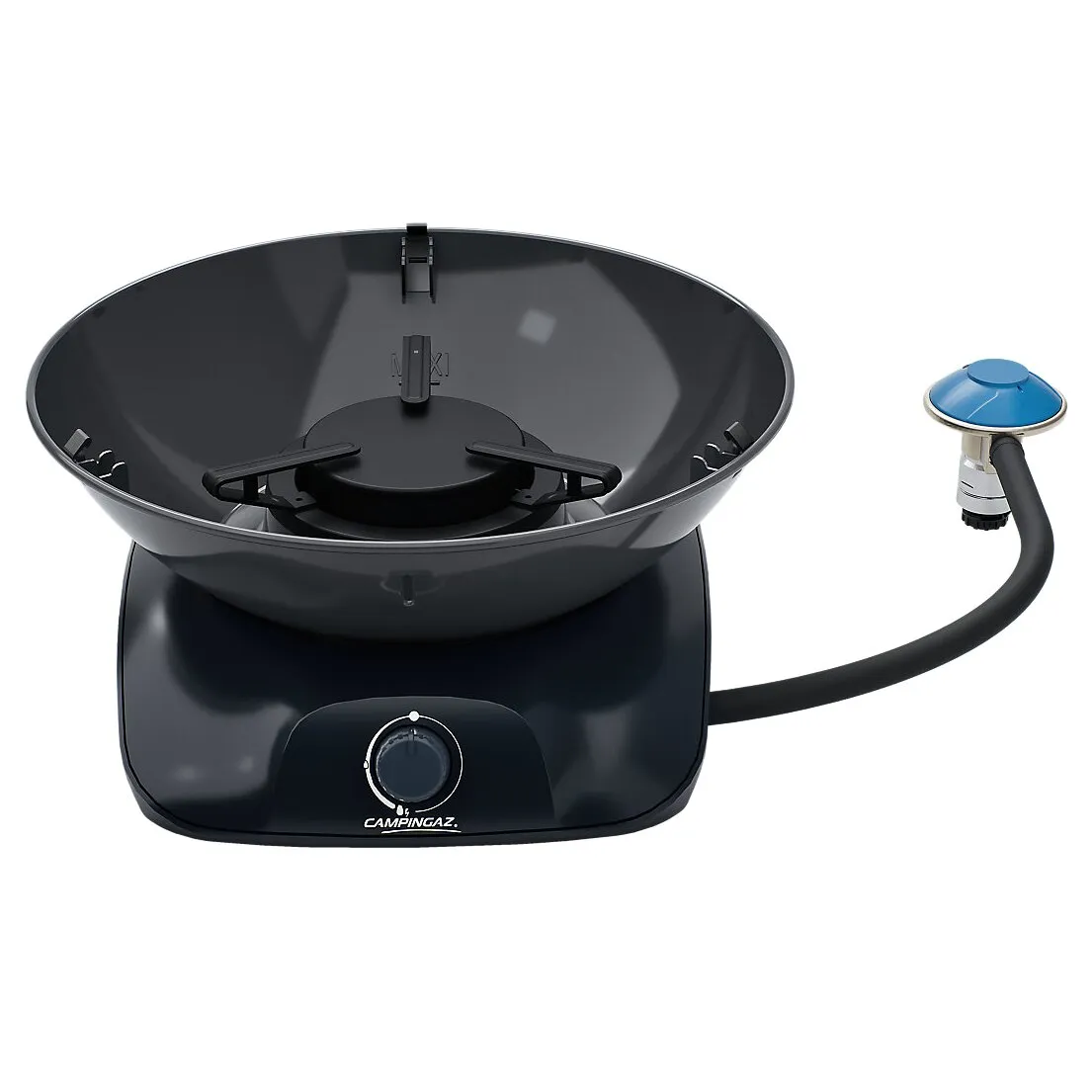 Schwarzer Campingaz Tischgrill 360 Grill CV mit runder Grillwanne, zentralem Brenner, Temperaturregler und Gasschlauch