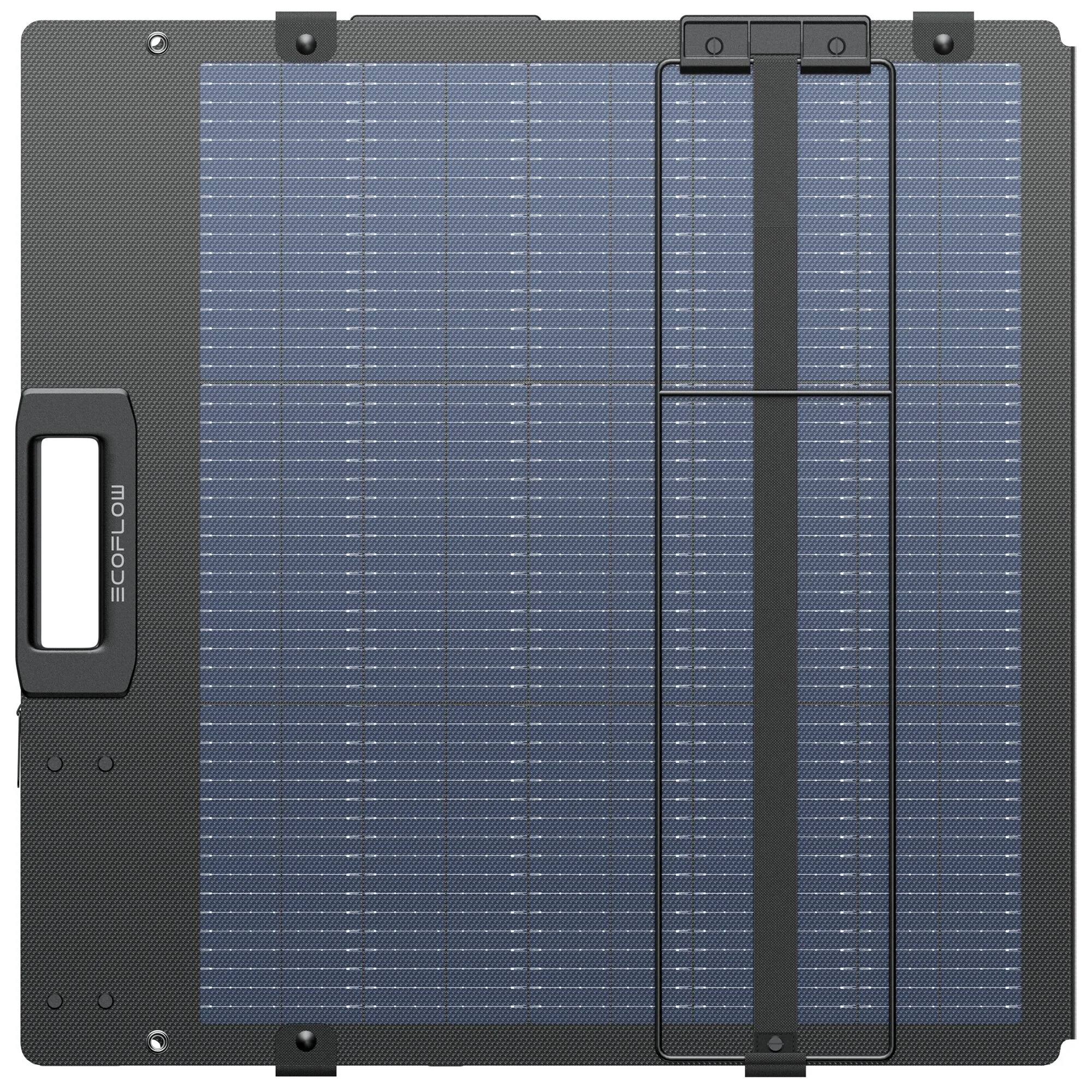 Faltbares Solarmodul mit blauen Solarzellen in schwarzem, strukturiertem Rahmen; seitlicher Tragegriff links, Spannband über der Fläche