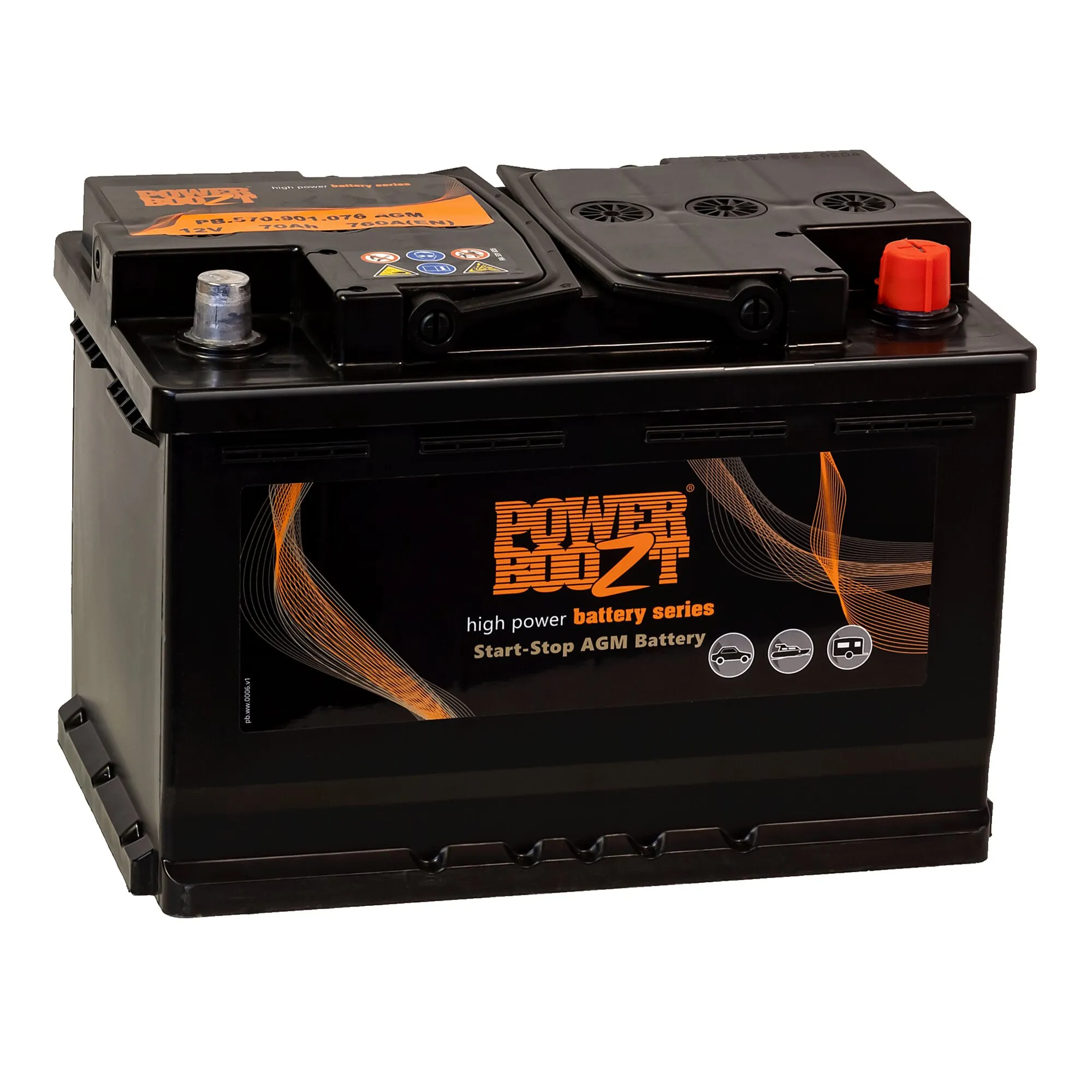 Schwarze Basic PowerSet PB-70 AGM Autobatterie mit orangefarbenem Power-Butler-Etikett, zwei Anschlüssen und Entlüftungsöffnungen