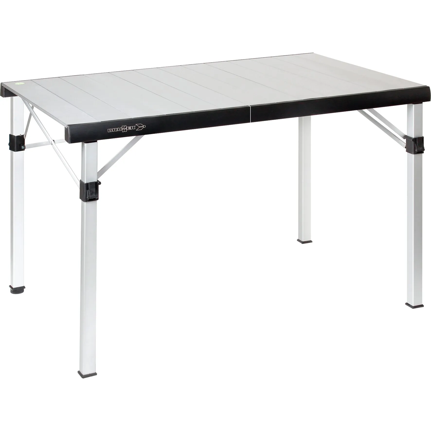 Rolltisch Titanium Quadra Compack 4 mit silberner Tischplatte, schwarzem Rahmen und vier klappbaren Beinen