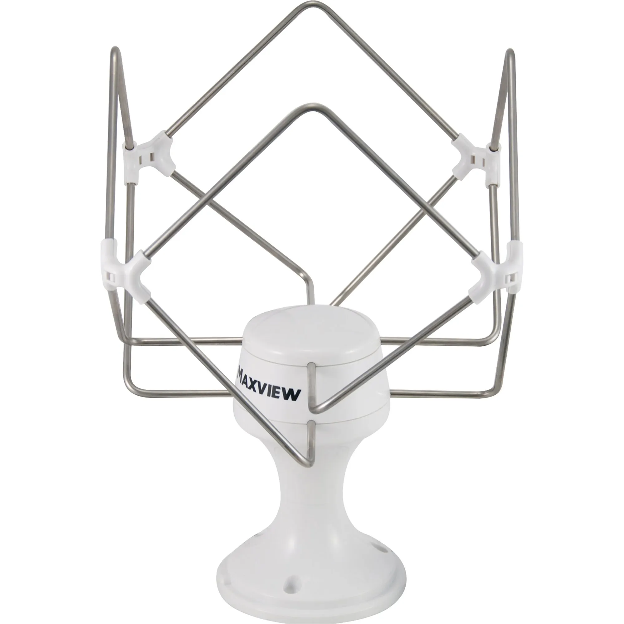 Weiße DVB-T/T2-Antenne Maxview Omnimax Pro mit kreuzförmigen Metallelementen und rundem Standfuß