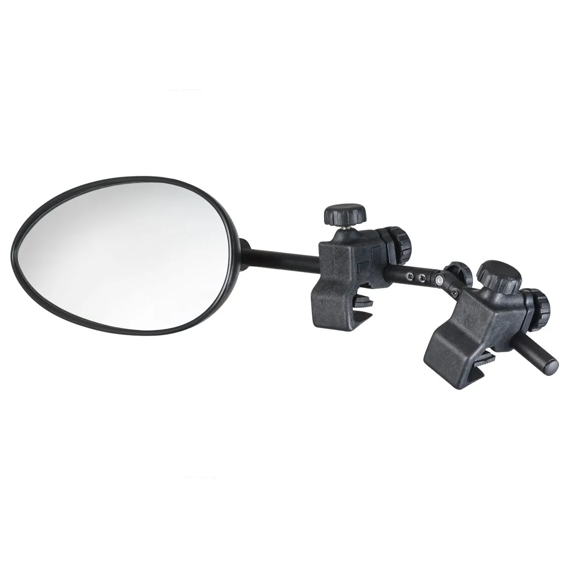Schwarzer Caravanspiegel Speed Fix Mirror mit ovalem Spiegelglas, zwei Halterungen und verstellbaren Befestigungsklemmen
