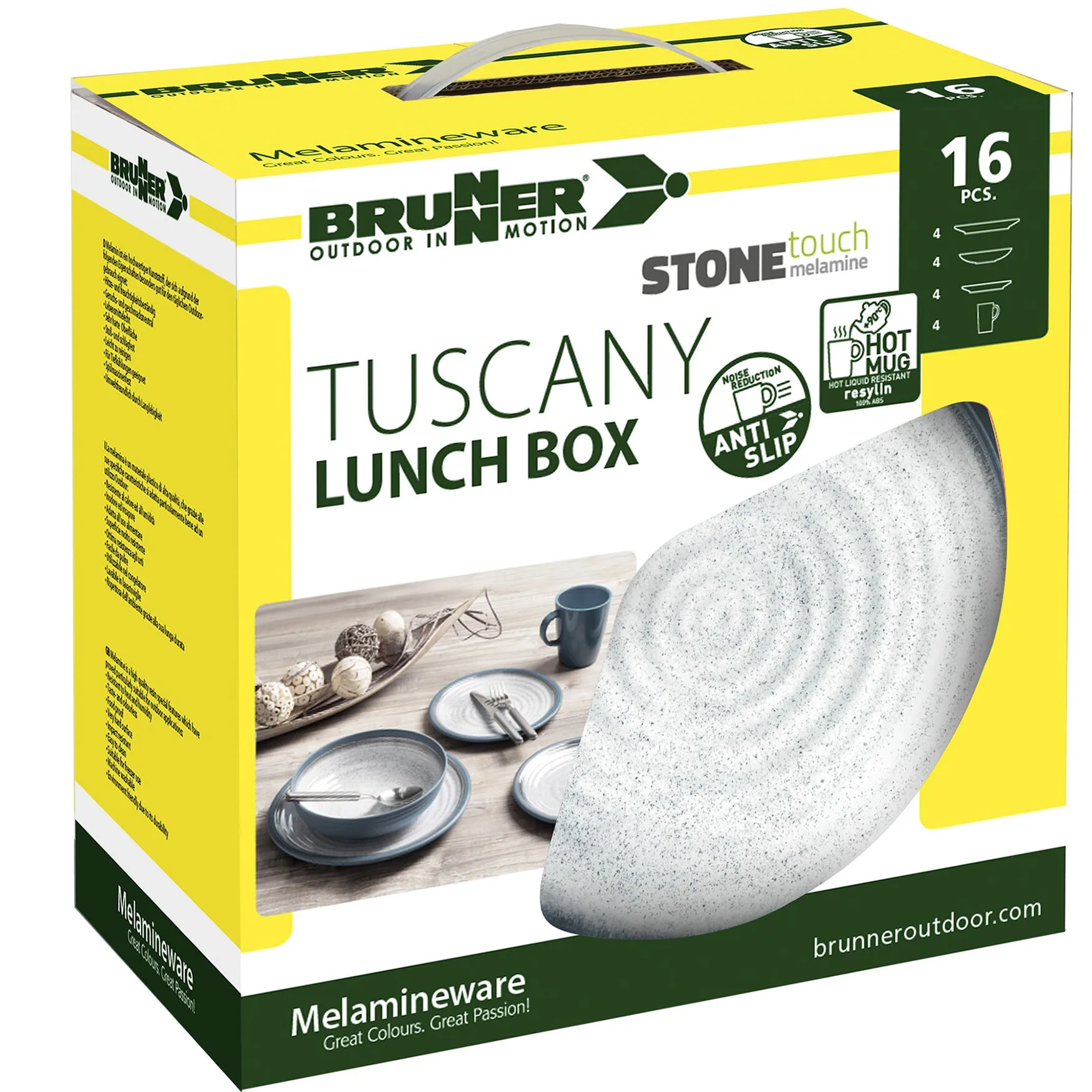 Gelb-weiße Verpackung des 16-teiligen Brunner-Tuscany-Geschirrsets aus grauem, gesprenkeltem Melamin mit Tellern, Schalen und Bechern
