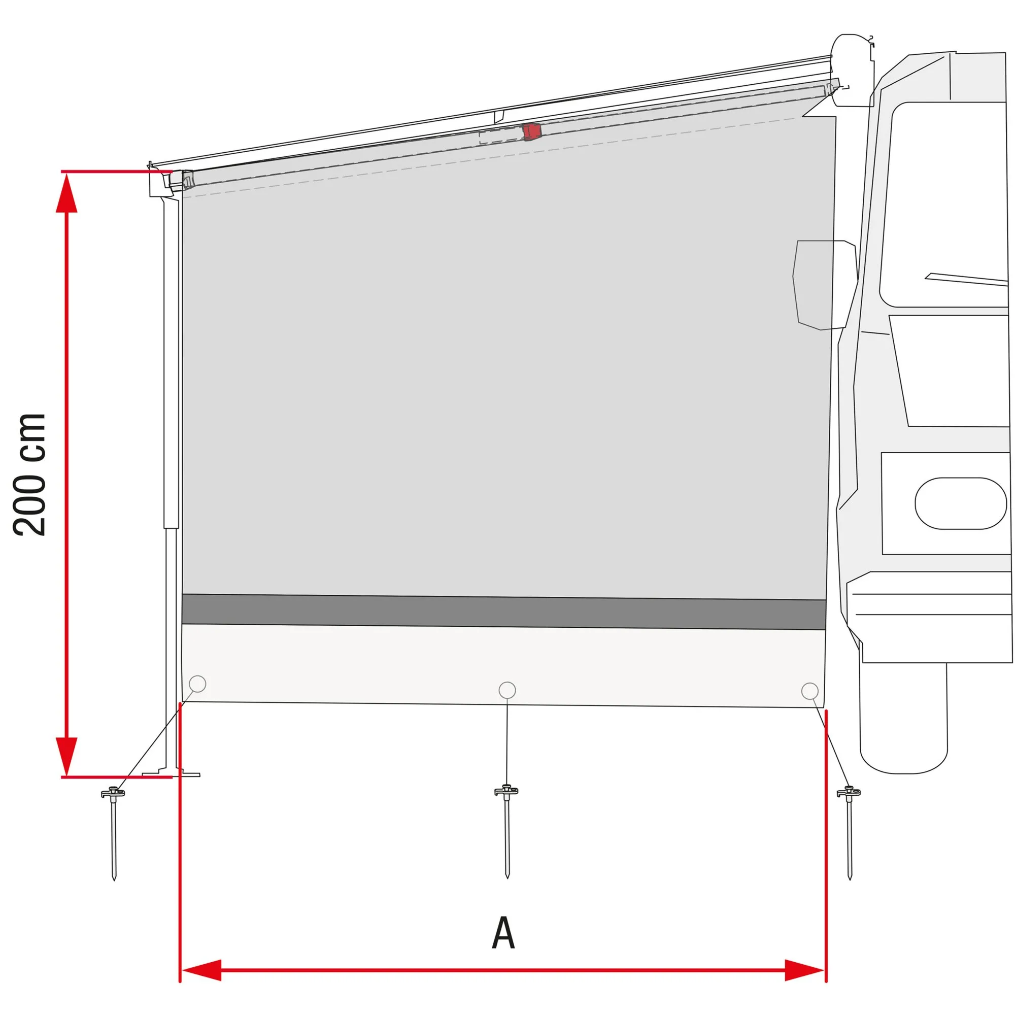 Technische Seitenansicht der grauen Seitenwand Sun View Side für Markise CS XL, 240 cm breit und 200 cm hoch, mit Befestigungspunkten