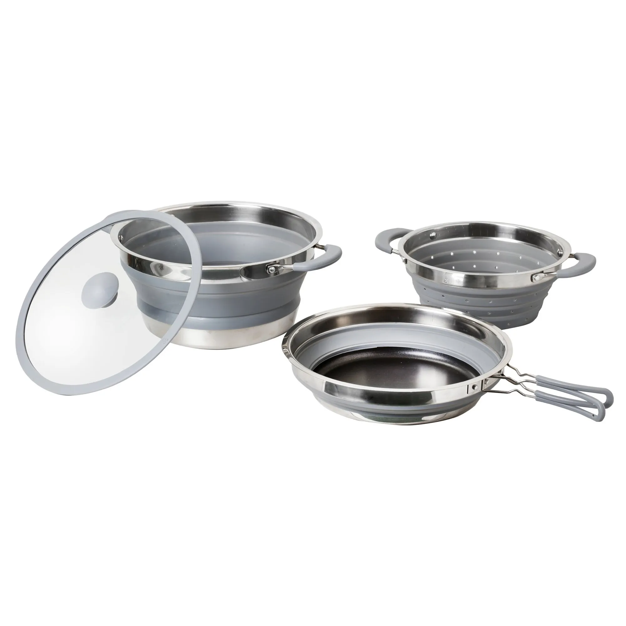 Faltbares Topfset Volcano Pasta Al Volo aus Edelstahl und grauem Silikon mit Topf, Siebeinsatz, Deckel und Griffen, Ø 24 cm