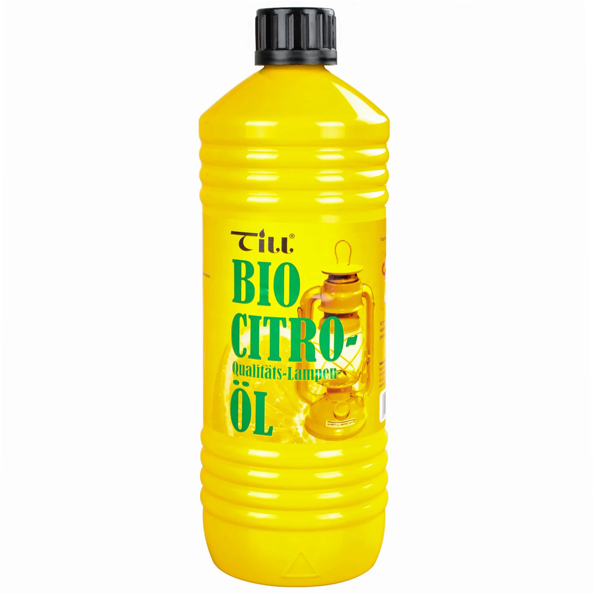 Gelbe Kunststoffflasche mit schwarzem Schraubverschluss, Etikett „till BIO CITRO“ und Abbildung einer Öllampe