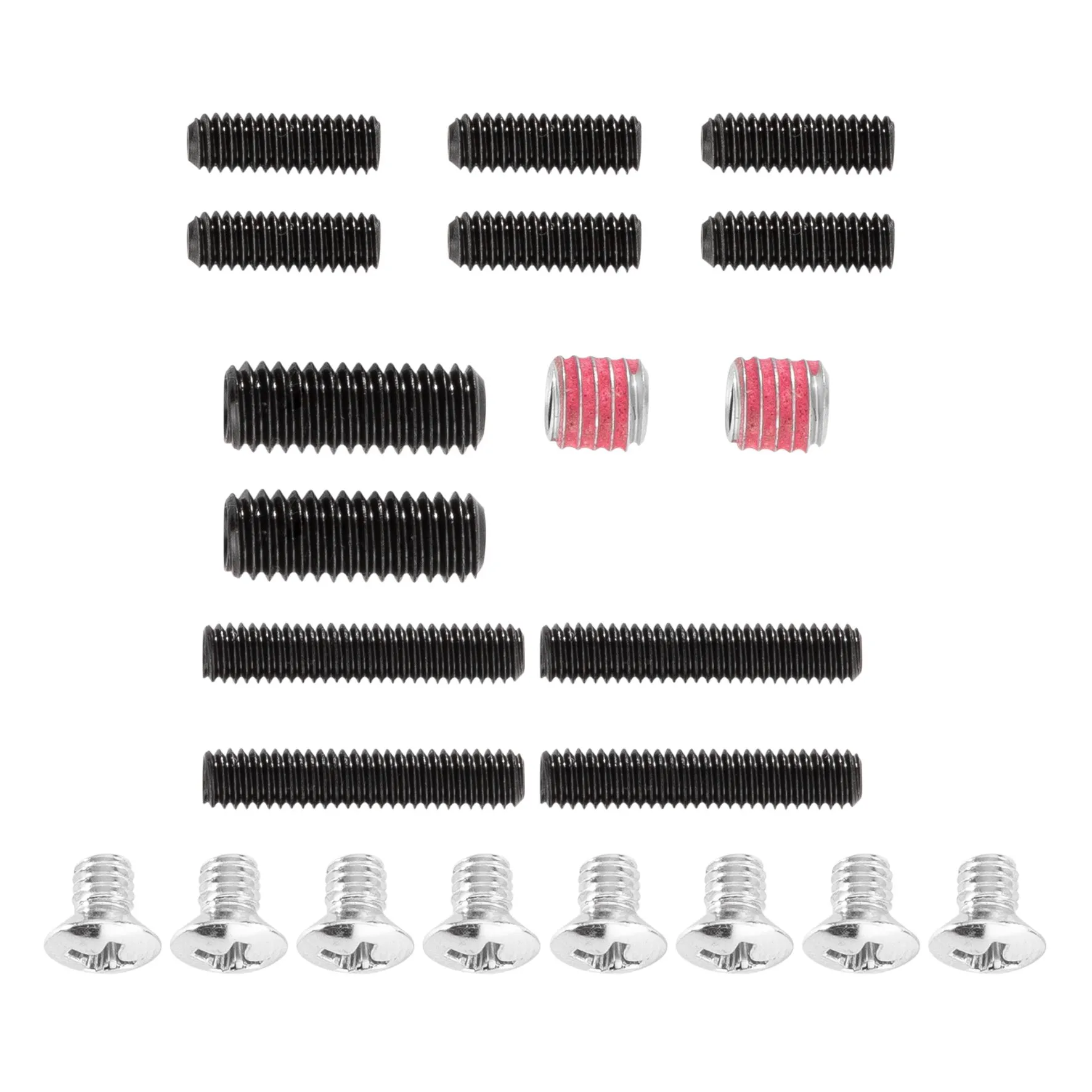 Magnet-Set Basic mit schwarzen Gewindemagneten in verschiedenen Längen, zwei pinken Ringmagneten und acht silbernen Schrauben