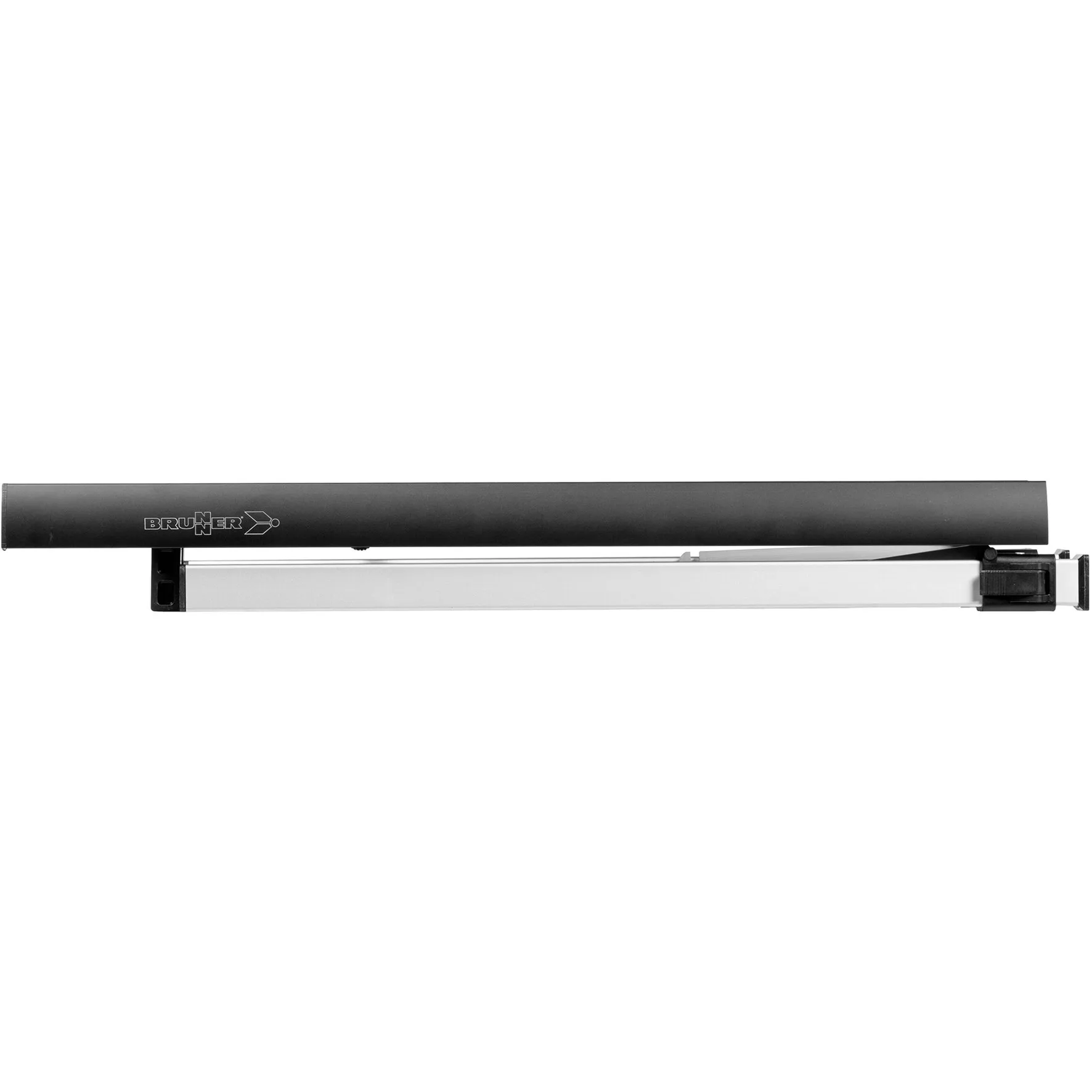 Zusammengeklappter schwarzer Rolltisch Titanium Quadra Compack 4 von Brunner mit silbernem Aluminiumgestell in Seitenansicht