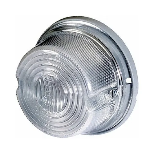 Runde verchromte Positionsleuchte mit geriffeltem Glas und sichtbarer seitlicher Befestigungsschraube