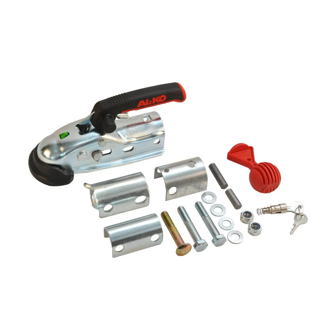 AL-KO Sicherheitskupplung Safety-Kit für 2700 kg mit schwarzem Griff, Montagebügeln, Schrauben und Diebstahlsicherung apart dargestellt