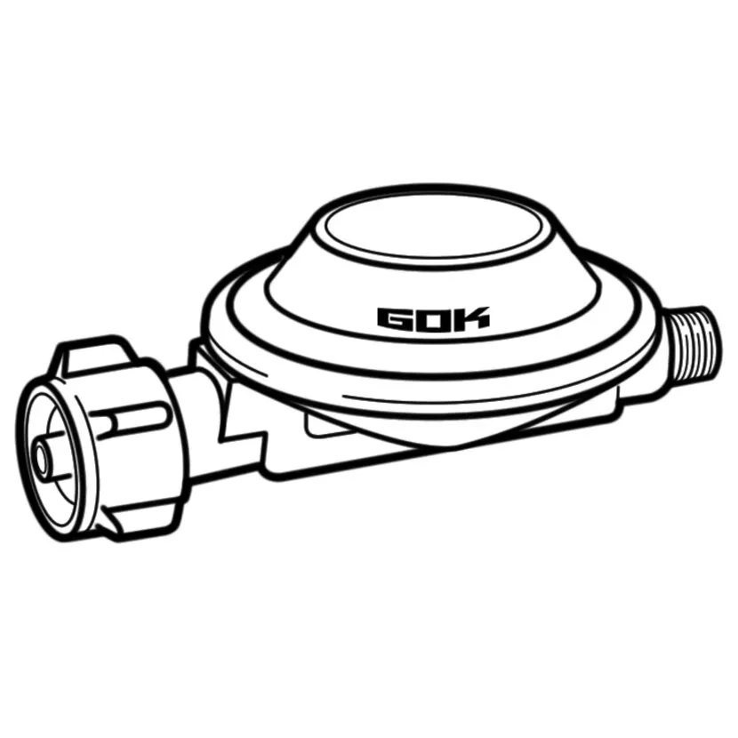 Schwarz-weiße Strichzeichnung eines GOK Niederdruckreglers für Camping, KLF-Anschluss und seitlichem G 1/4 LH-KN-Gewinde, 50 mbar