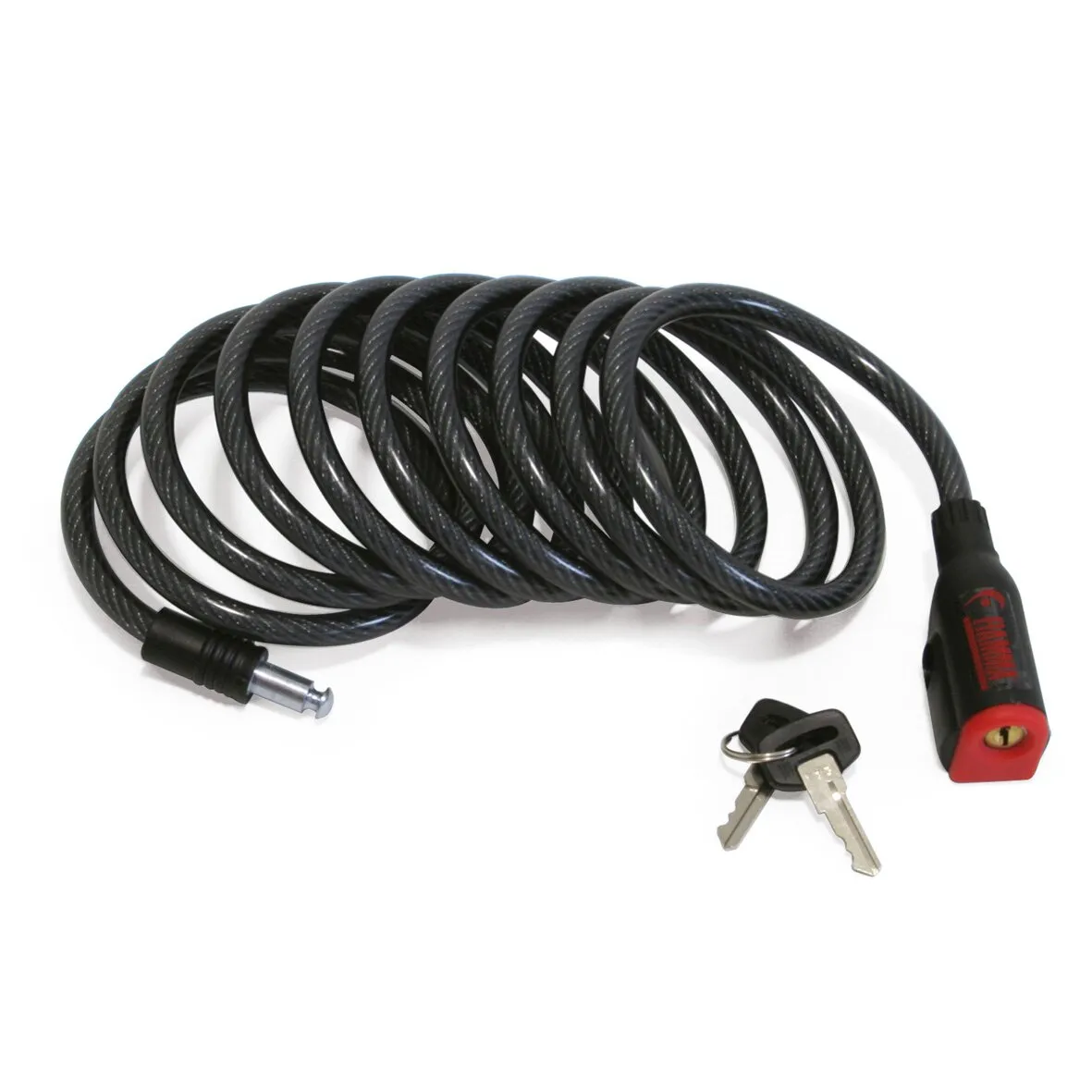 Schwarzes, spiralförmig aufgewickeltes Cable-Lock mit rotem Schließkopf, Steckbolzen und zwei Schlüsseln