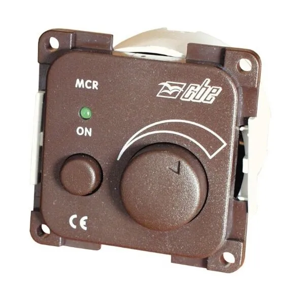 Brauner Dimmer-Einsatz mit großem Drehregler, Ein-/Ausschalter, grüner Kontrollleuchte und CE-Kennzeichnung