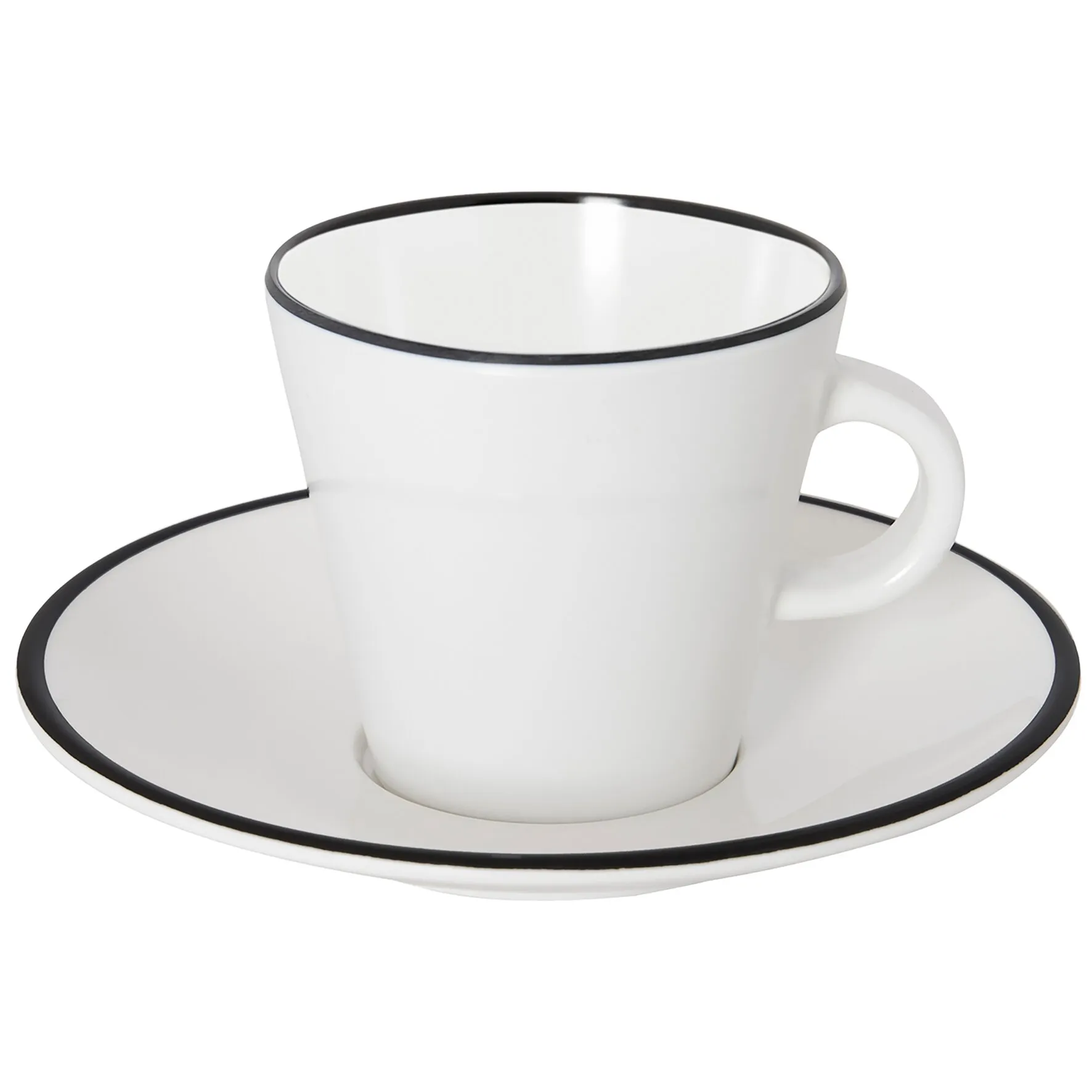 Schwarze Espressotasse aus Porzellan mit passender Untertasse und schwarzer Randverzierung