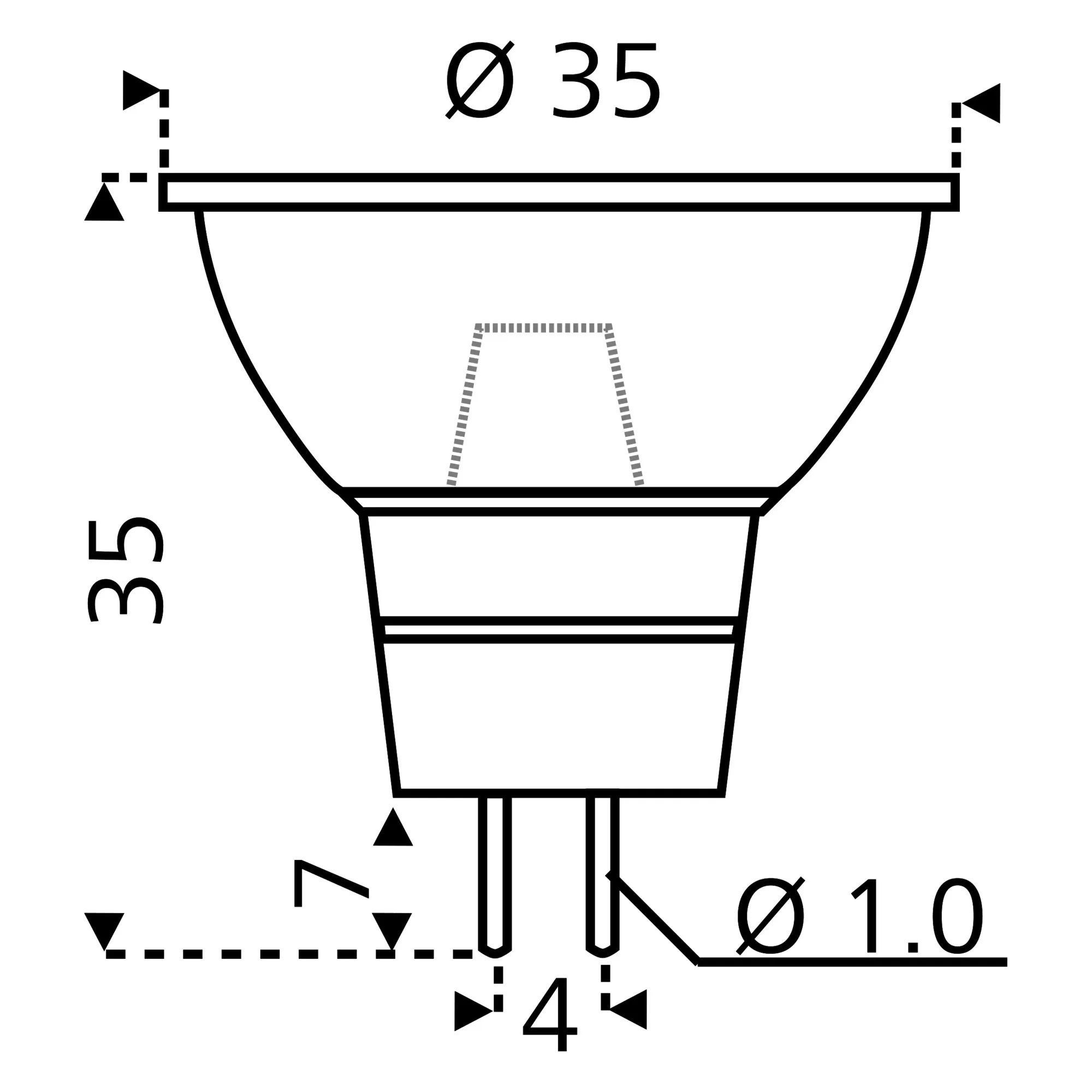 Technische Zeichnung eines LED-Leuchtmittels GU4 mit 1,50 W, 35 mm Durchmesser, 35 mm Höhe und zwei 1 mm starken Pins mit 4 mm Abstand
