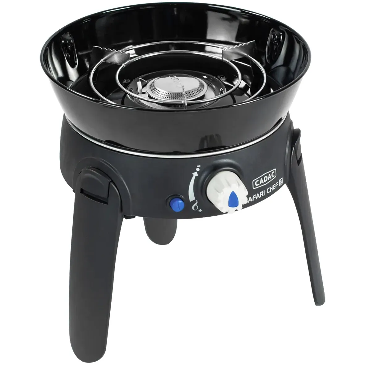 Schwarzer CADAC Safari Chef 30 Gasgrill mit rundem Grillrost, Brenner, drei Standbeinen und Bedienregler 50 mbar