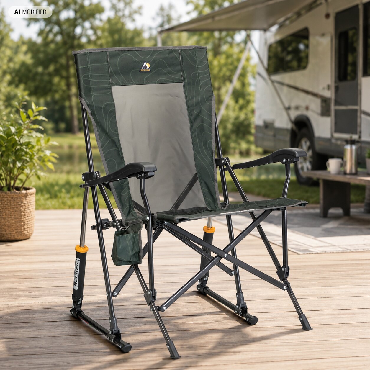 Camping-Schaukelstuhl RoadTrip Rocker dunkelgrün mit grauer Rückenplatte, schwarzem Rahmen, seitliche Tasche, steht auf Holzdeck vor Wohnmobil