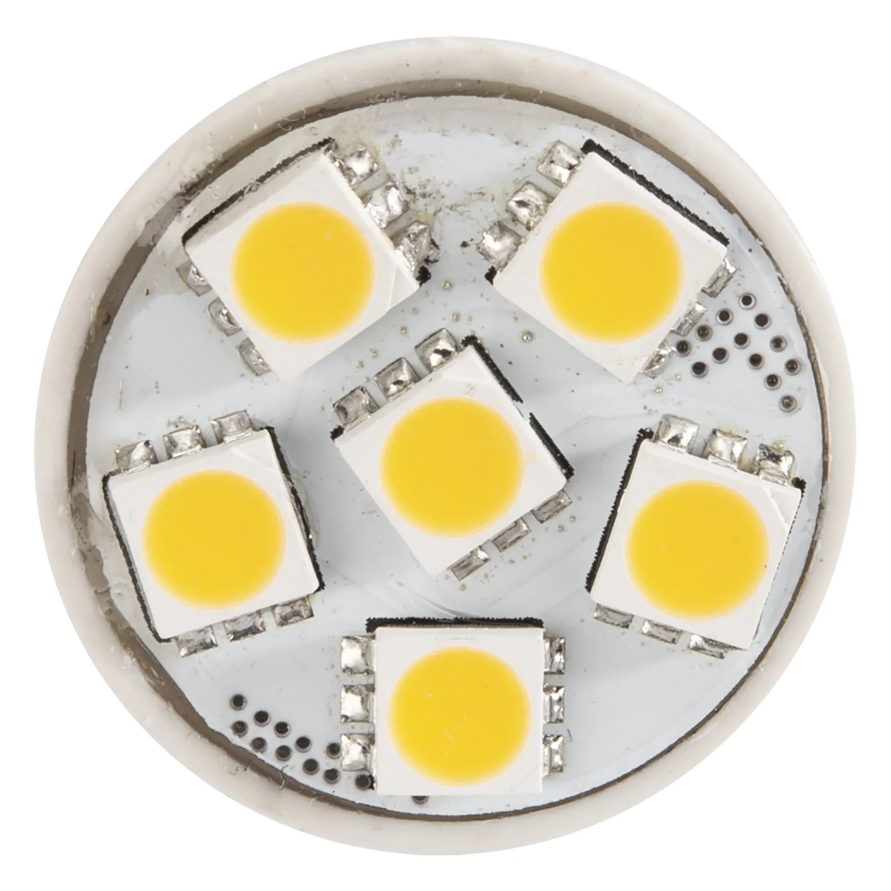 Nahaufnahme der runden LED-Leuchtmittel-Platine GU4 mit sechs gelben LED-Chips und sichtbaren Lötstellen