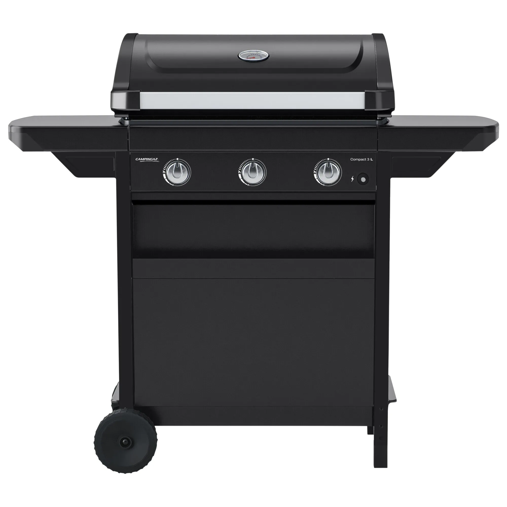 Schwarzer Gasgrill Campingaz Compact 3 L mit geschlossenem Deckel, Thermometer, drei Drehreglern und seitlichen Ablagen