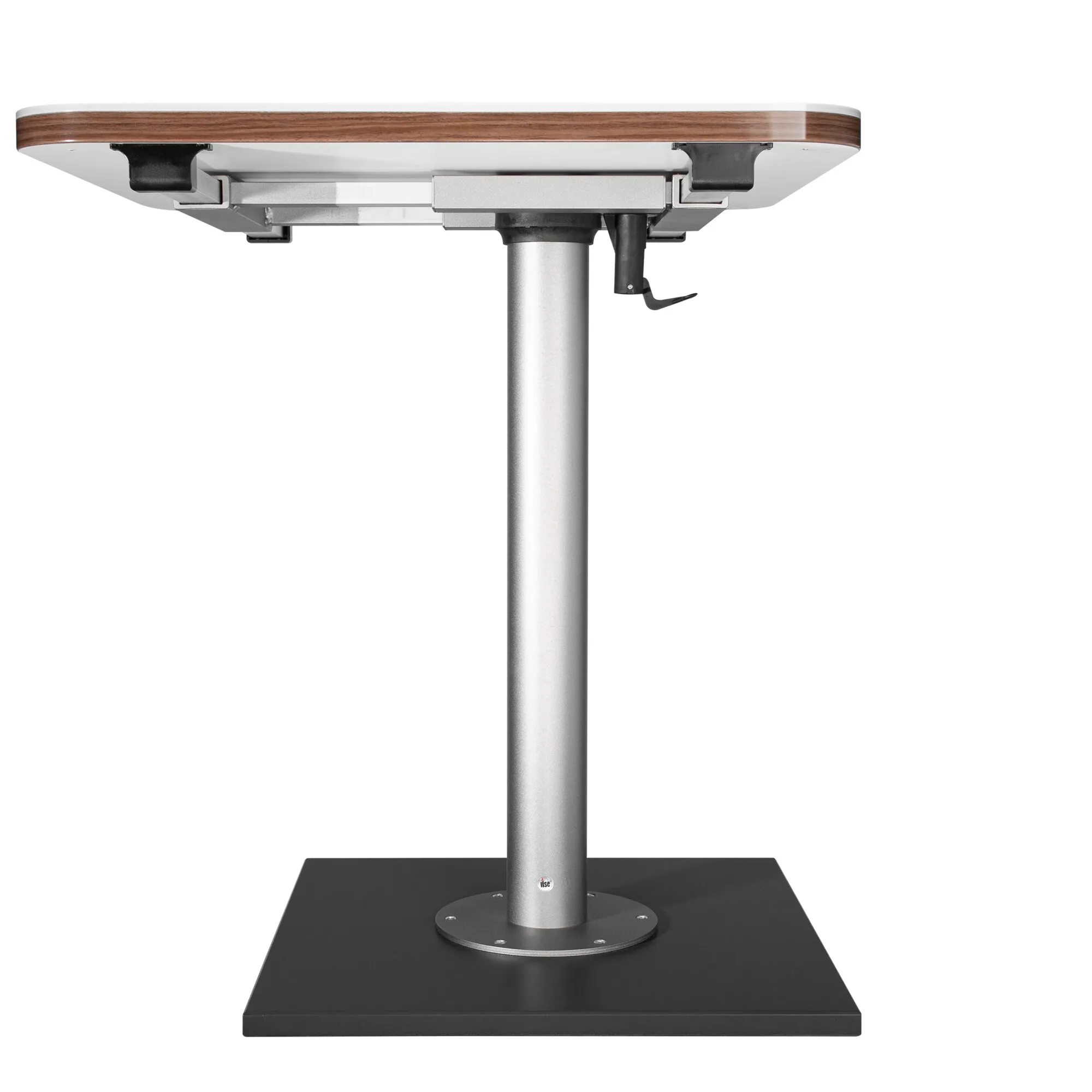 Silberne Tischsäule mit schwarzer rechteckiger Bodenplatte, runder Montageplatte und Tischuntergestell mit X/Y-Verschiebung