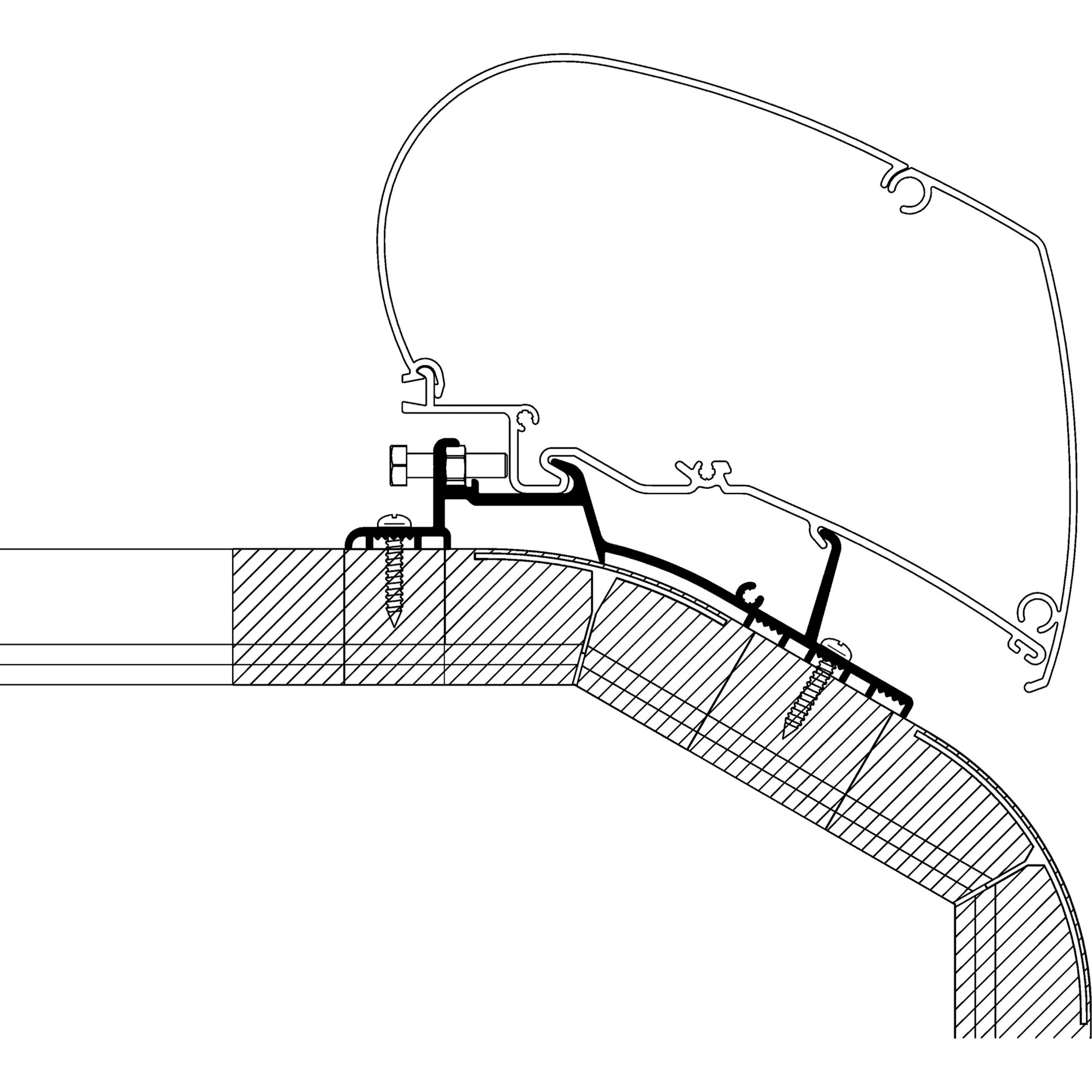 Technische Schnittzeichnung des schwarzen Adapters für LMC Explorer und Cruiser ab Baujahr 2018 zur Montage einer TO-Markise am Caravan-Dachprofile