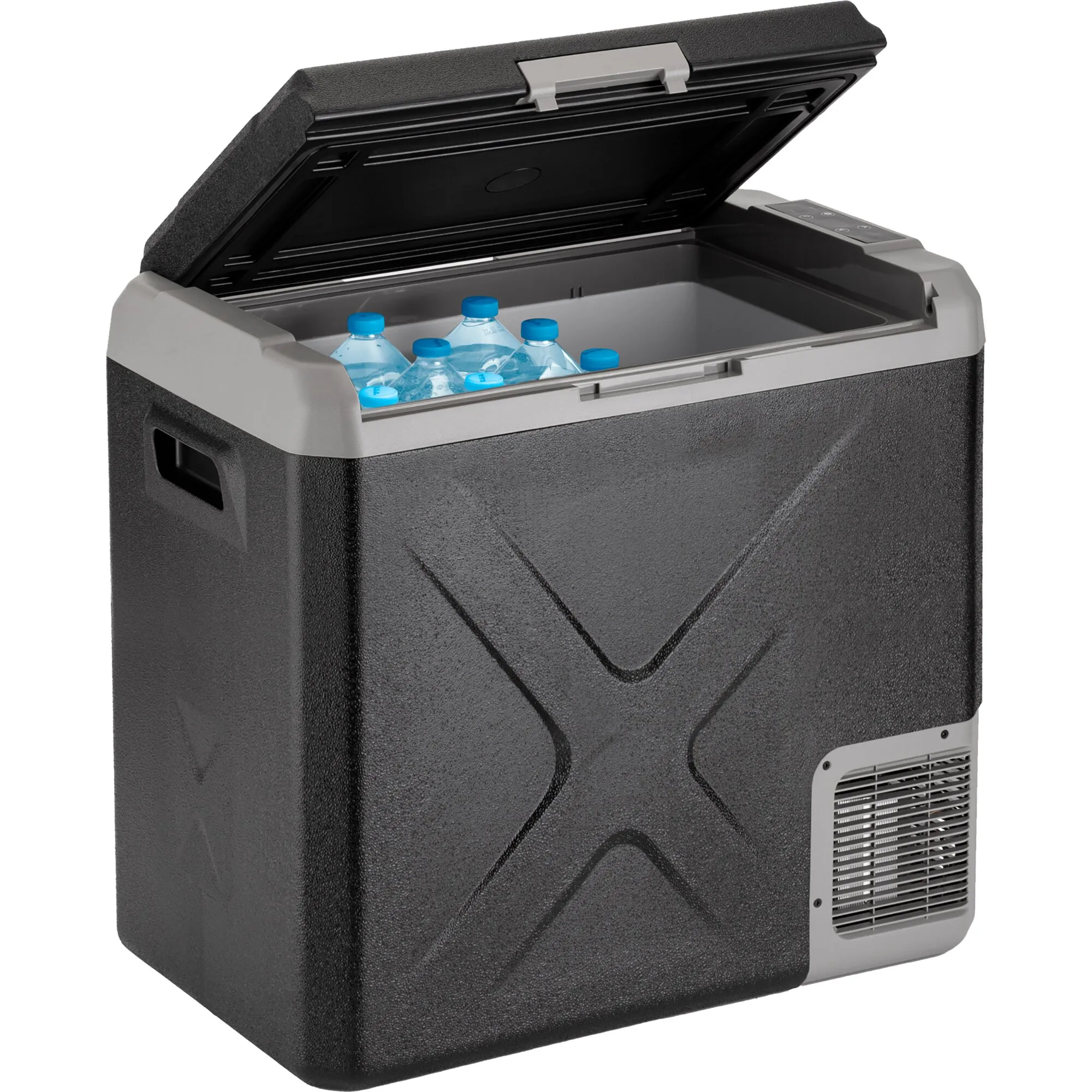 Schwarze Kühlbox Polarys Freeze SZ mit geöffnetem Deckel, Wasserflaschen im Innenraum, Tragegriffen und seitlichem Lüftungsgitter