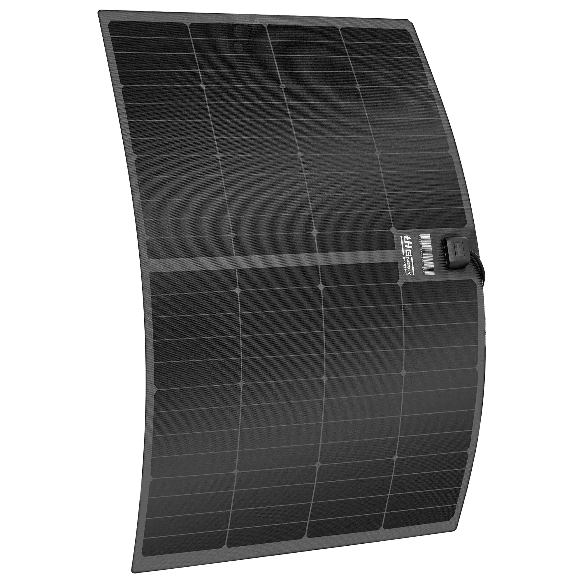 Nahaufnahme eines schwarzen Solarmoduls mit grauem Rahmen, rechteckige Zellenfelder mit feinen Trennlinien, Anschlussdose unten rechts