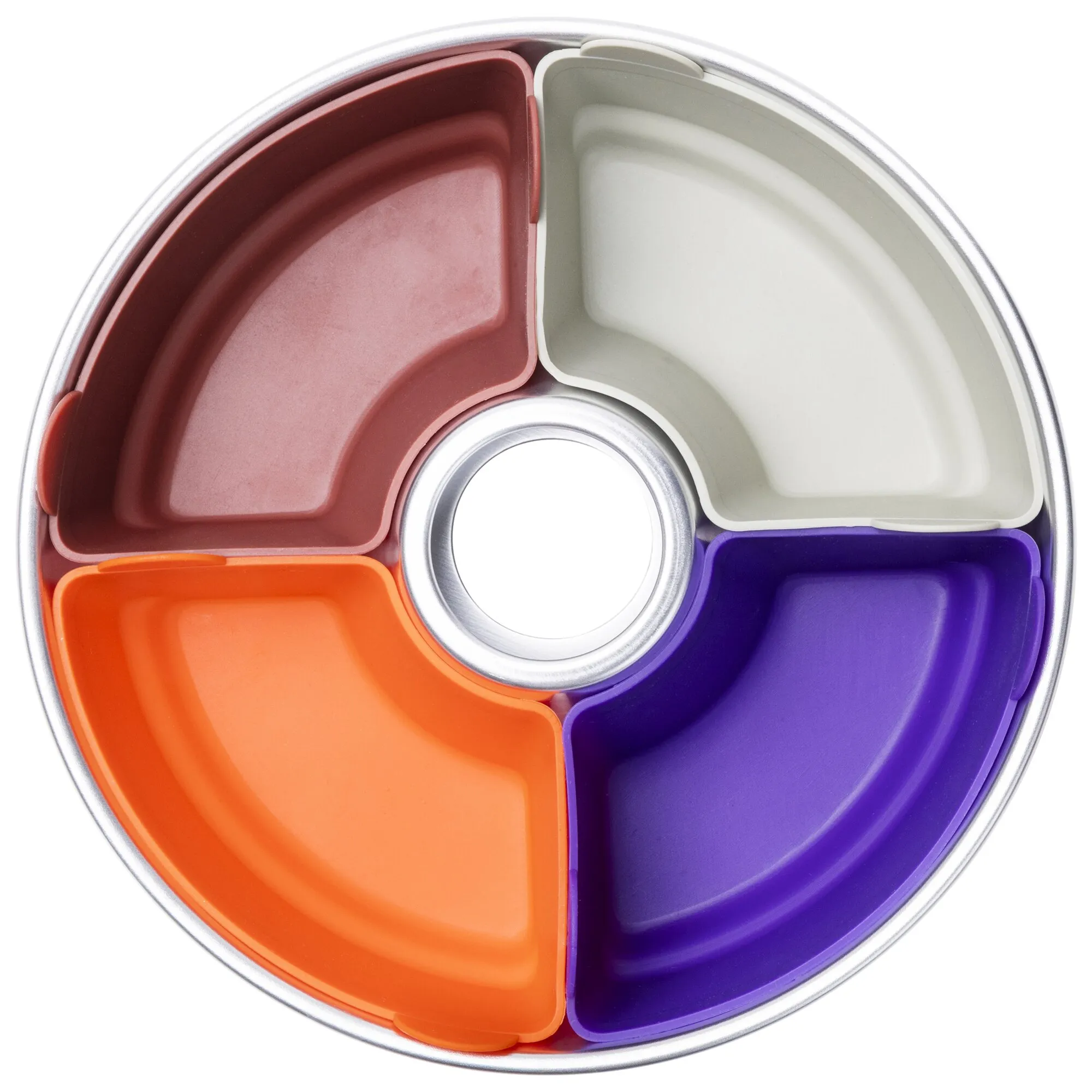 Rundes Set mit sechs bunten Silikonformen in Rot, Creme, Orange und Violett, angeordnet um eine zentrale Öffnung