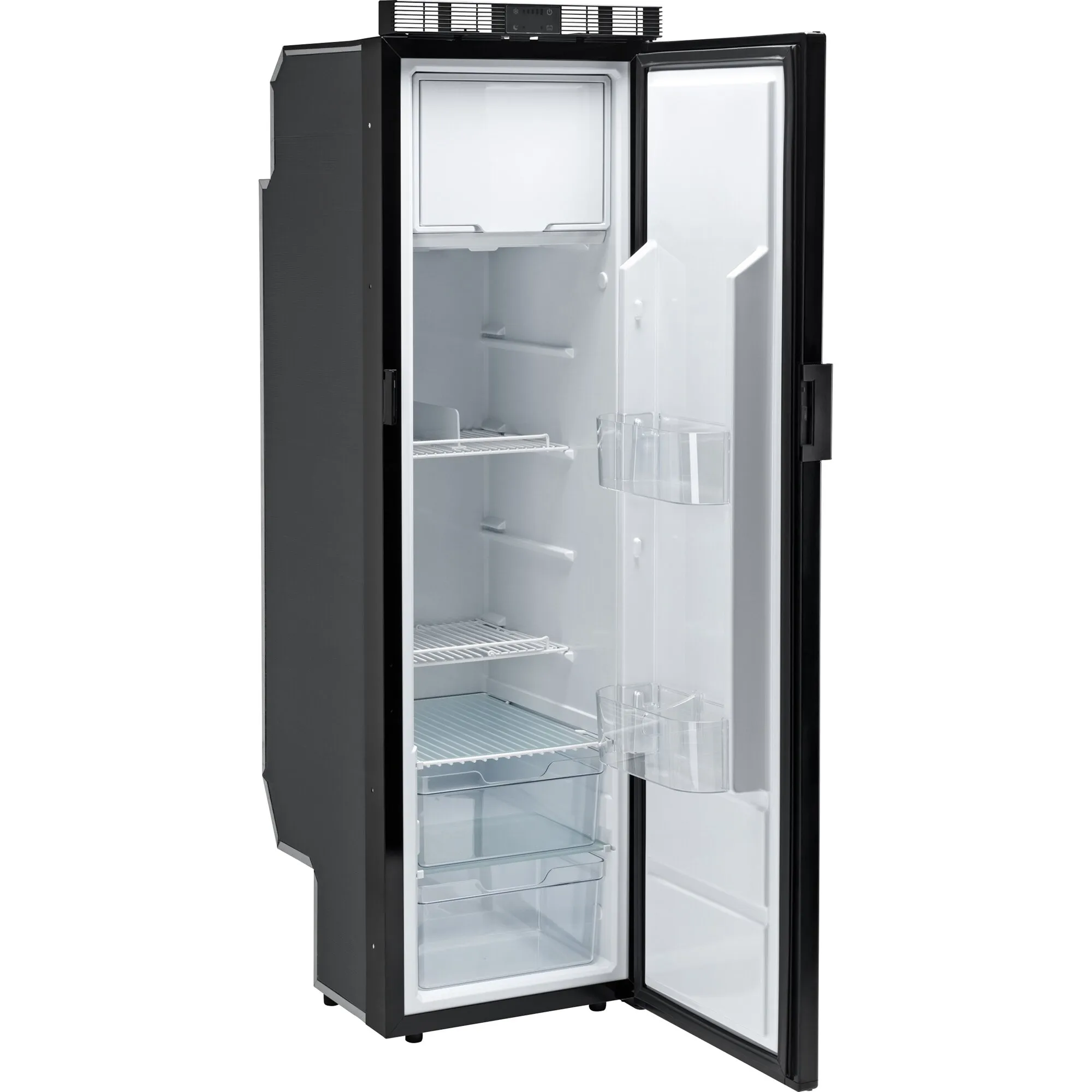 Schwarzer Kühlschrank Cruise Slim mit 140 l Fassungsvermögen, geöffneter Tür, Gefrierfach, Glasablage, Drahtrosten und Türfächern
