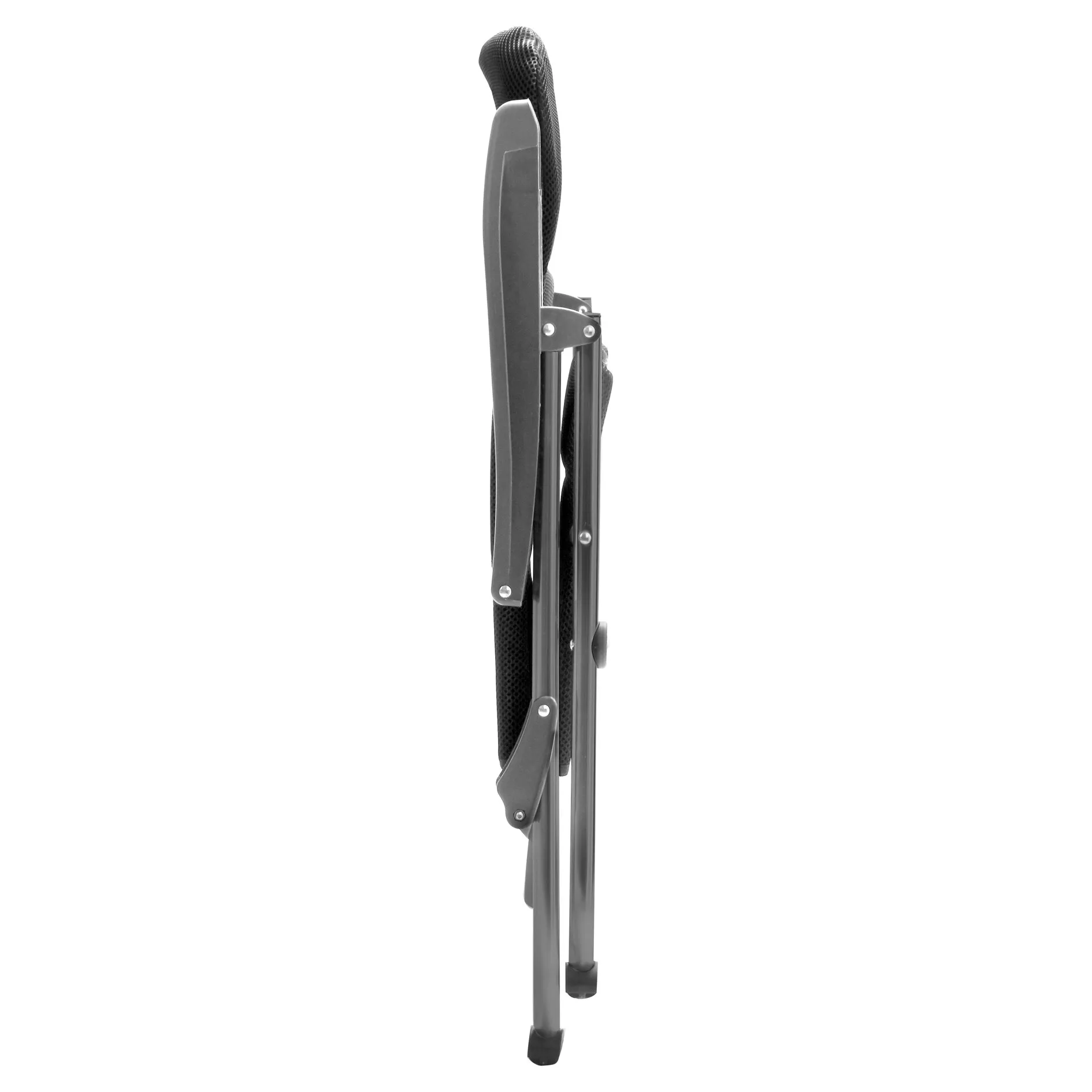 Zusammengeklapptes schwarzes Stuhl-/Tischset Compact in schmaler Seitenansicht mit gepolsterter Rückenlehne und Klappgestell