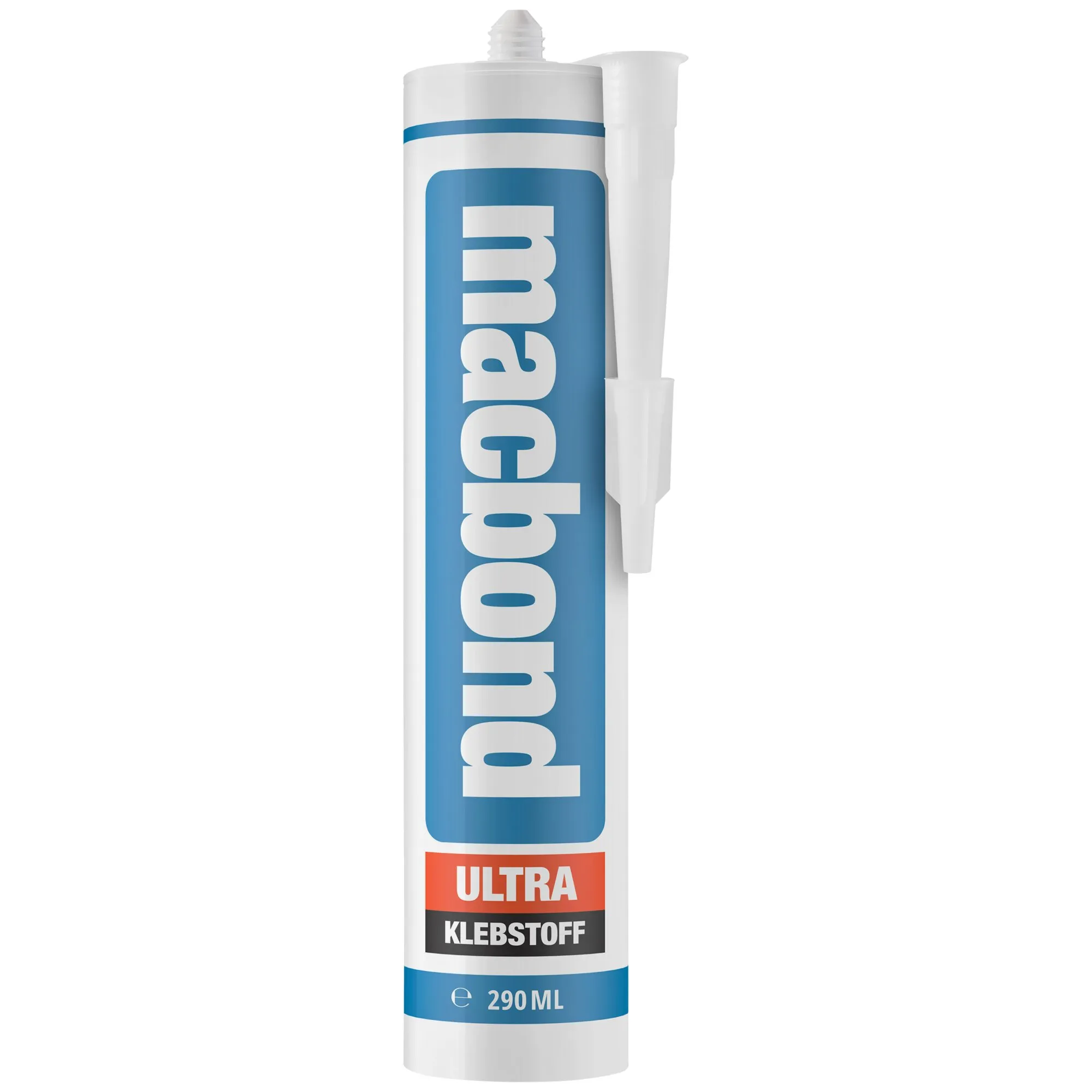 Weißer 290-ml-Kartuschenklebstoff macbond ultra mit blauer Beschriftung und weißer Auslassdüse, schwarz gekennzeichnet