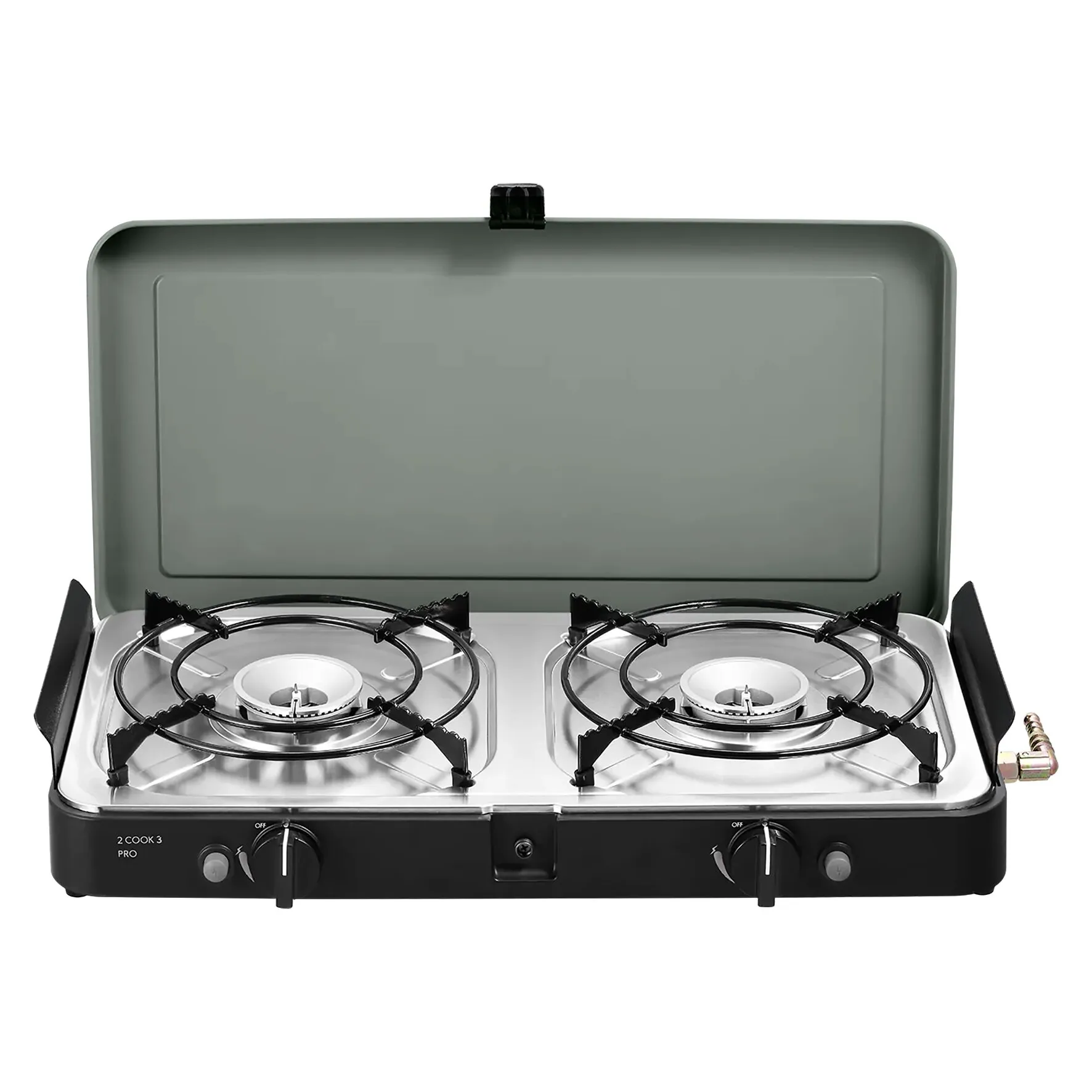 Schwarzer 2-flammiger Gaskocher 2 Cook 3 Pro mit Edelstahlkochfläche, Windschutz und aufgeklapptem Deckel