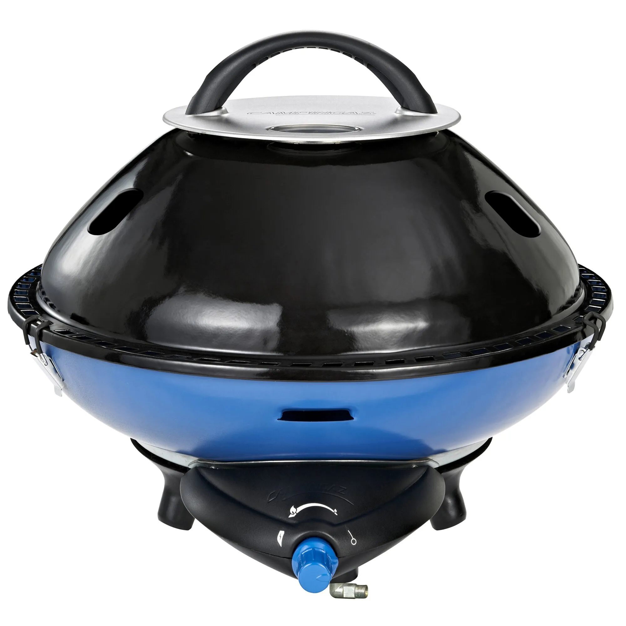 Blauer, runder Camping-Gasgrill Party Grill 600 R mit schwarzem Deckel, Tragegriff, seitlichen Lüftungsöffnungen und Regler