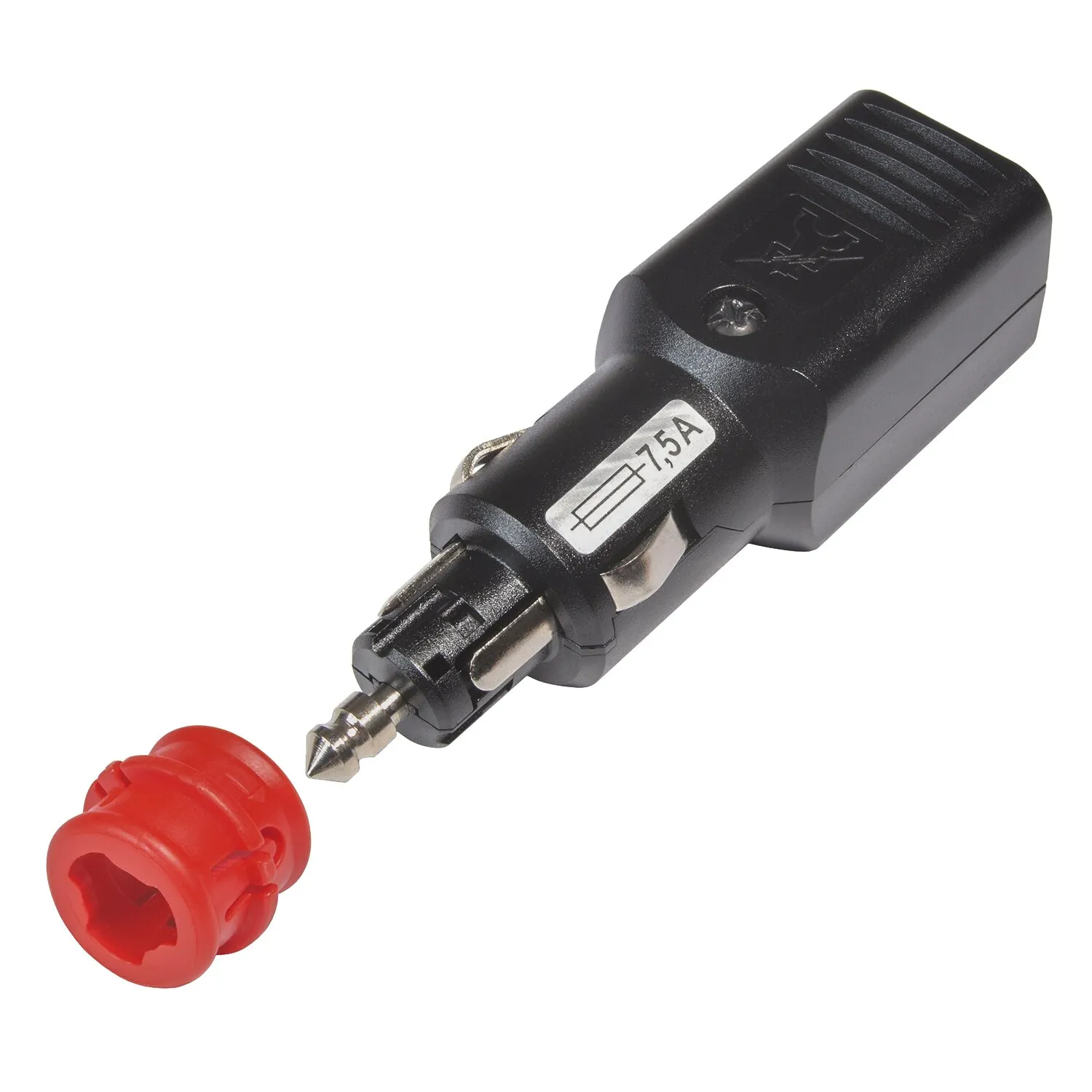 Schwarzer Universalstecker mit Metallkontakten, roter Schutzkappe und sichtbarer Kennzeichnung 7,50 A