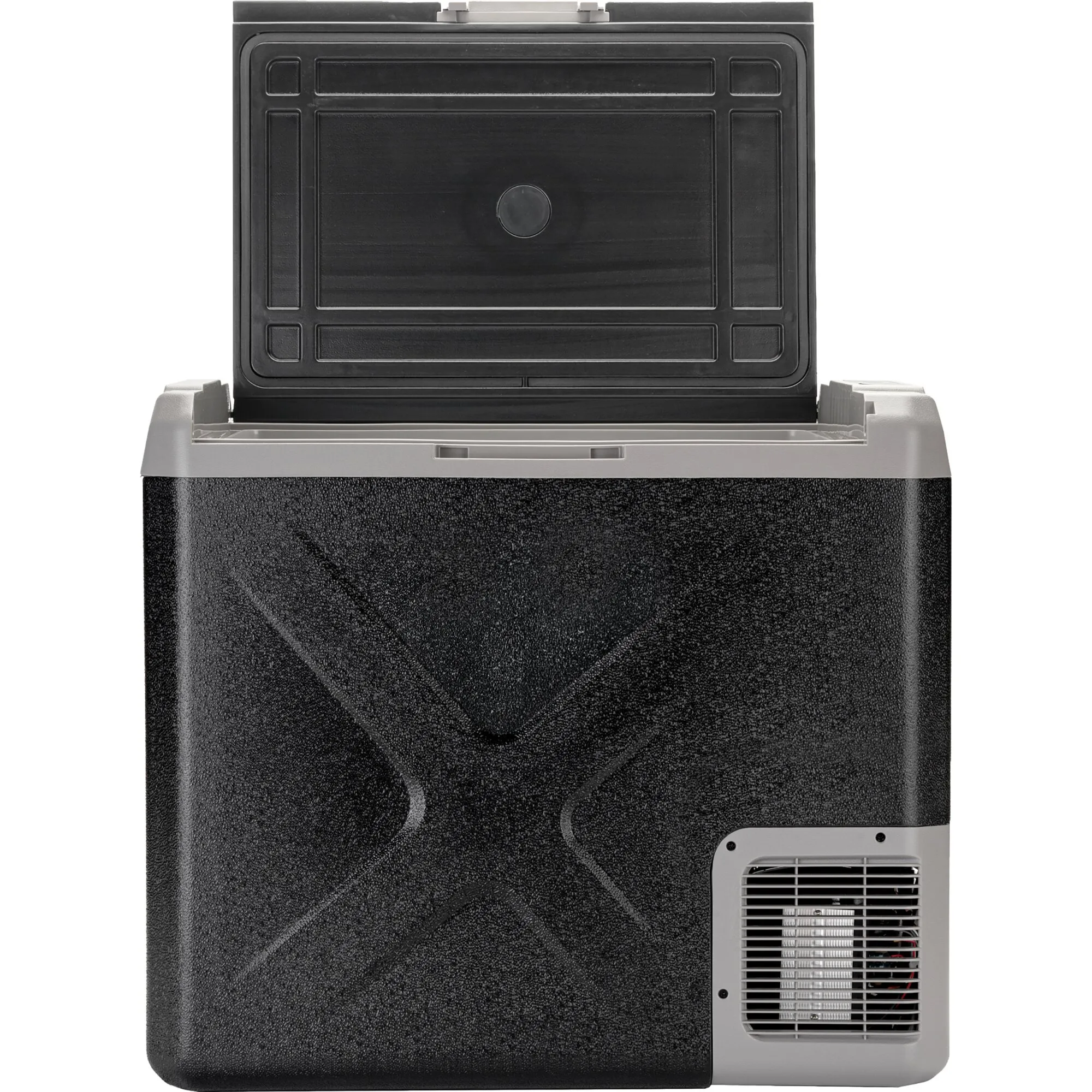 Schwarze elektrische Kühlbox Polarys Freeze SZ mit geöffnetem Deckel, grauem Rand und seitlichem Lüftungsgitter