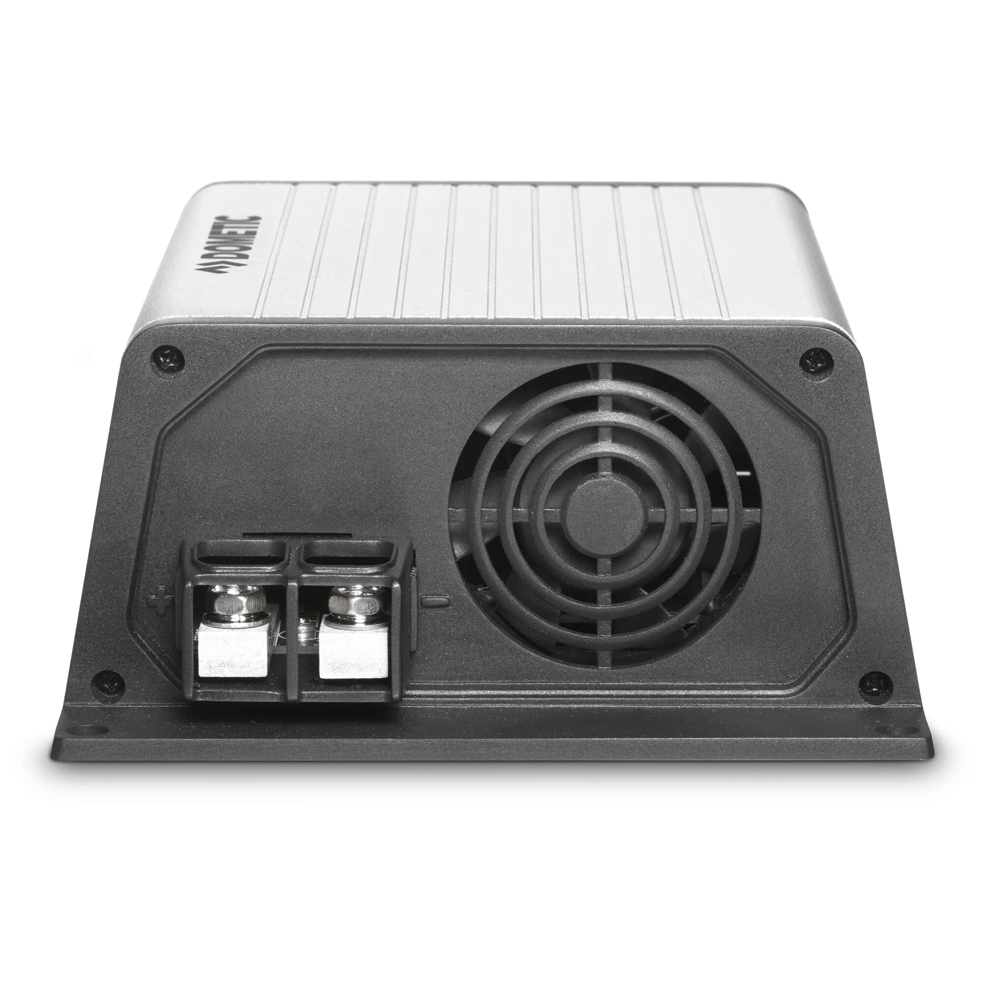 DCC-Ladebooster PerfectPower 20 A mit silbernem Gehäuse, Lüfter und sichtbaren Plus- und Minus-Anschlüssen