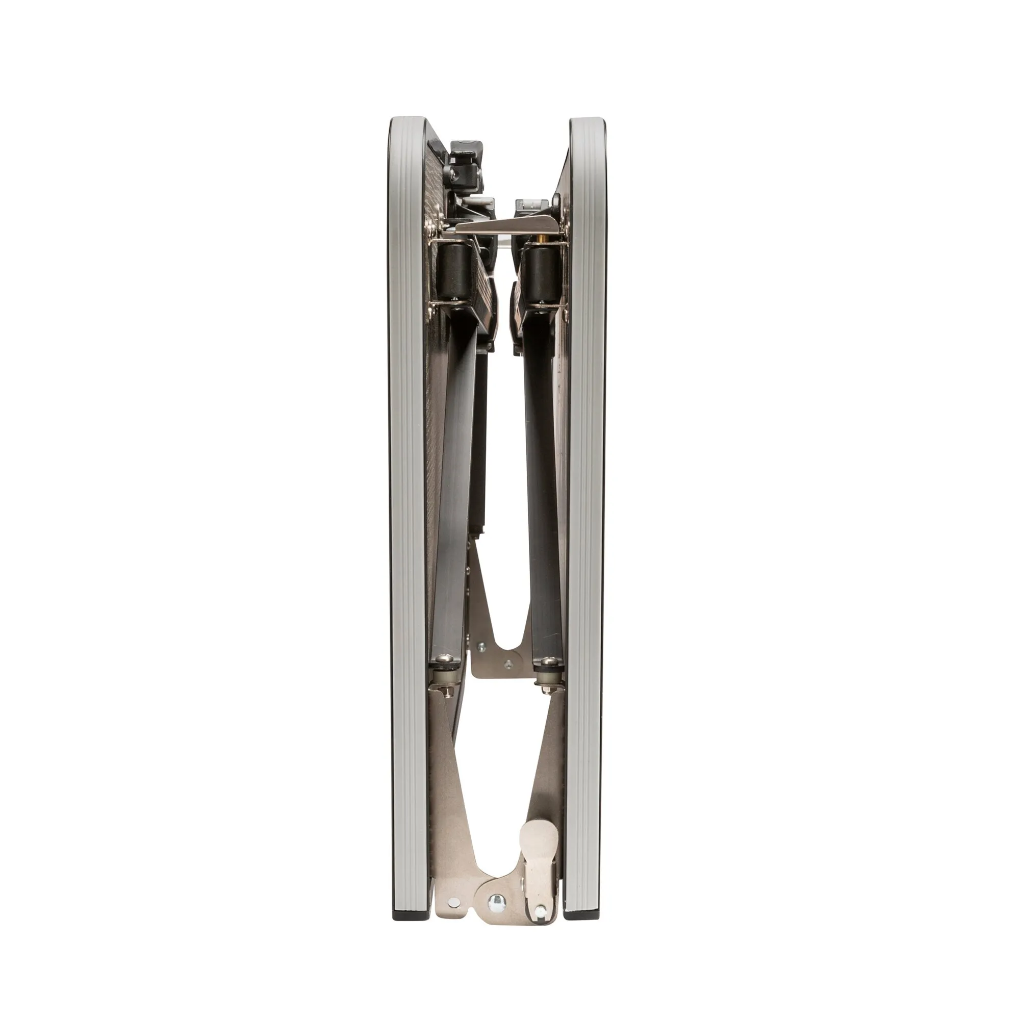 Detailaufnahme des Faltbeinsystems eines Campingtisches Elutop Compack 120: zwei parallele Aluminiumrahmen, Scharnierbolzen und Befestigungsplatten