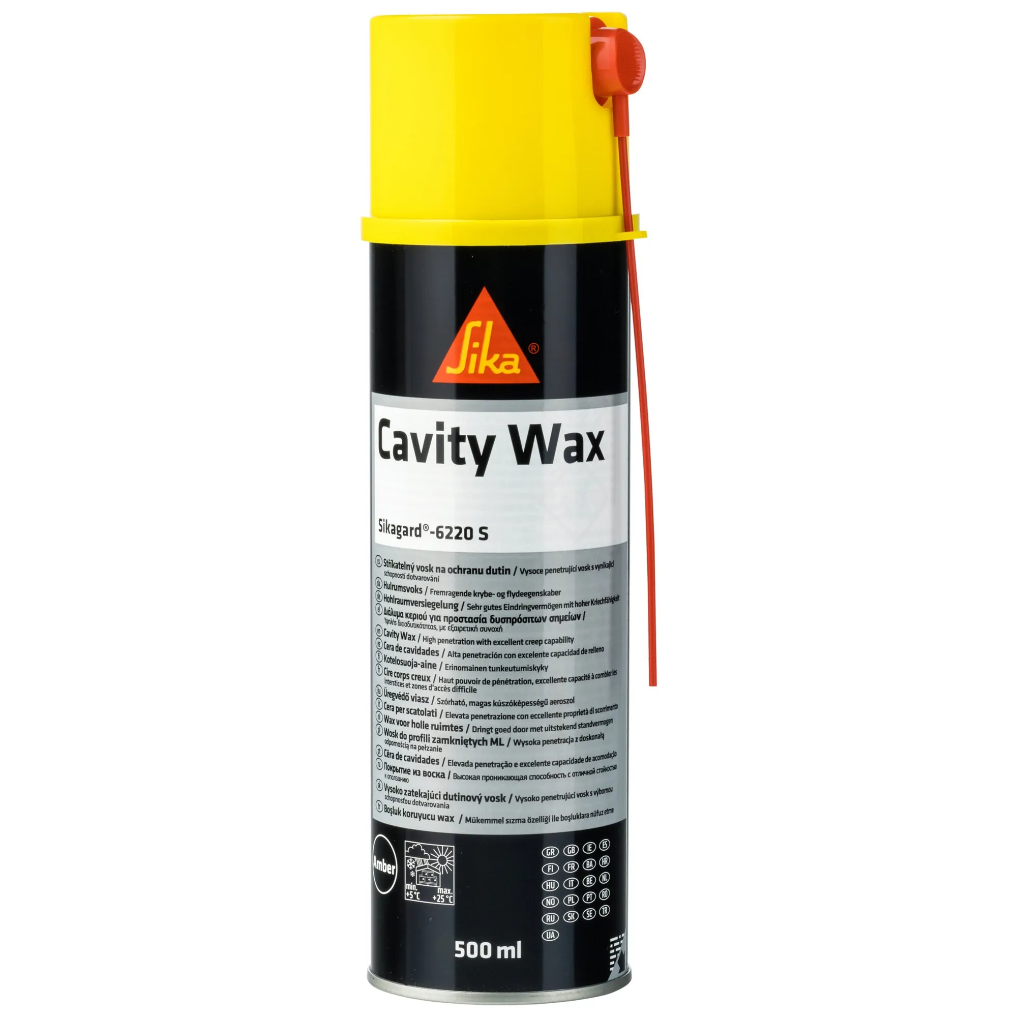 Gelbe Sprühdose Sikagard-6220 S Cavity Wax von Sika mit rotem Sprühröhrchen, schwarzem Etikett und 500 ml Inhalt