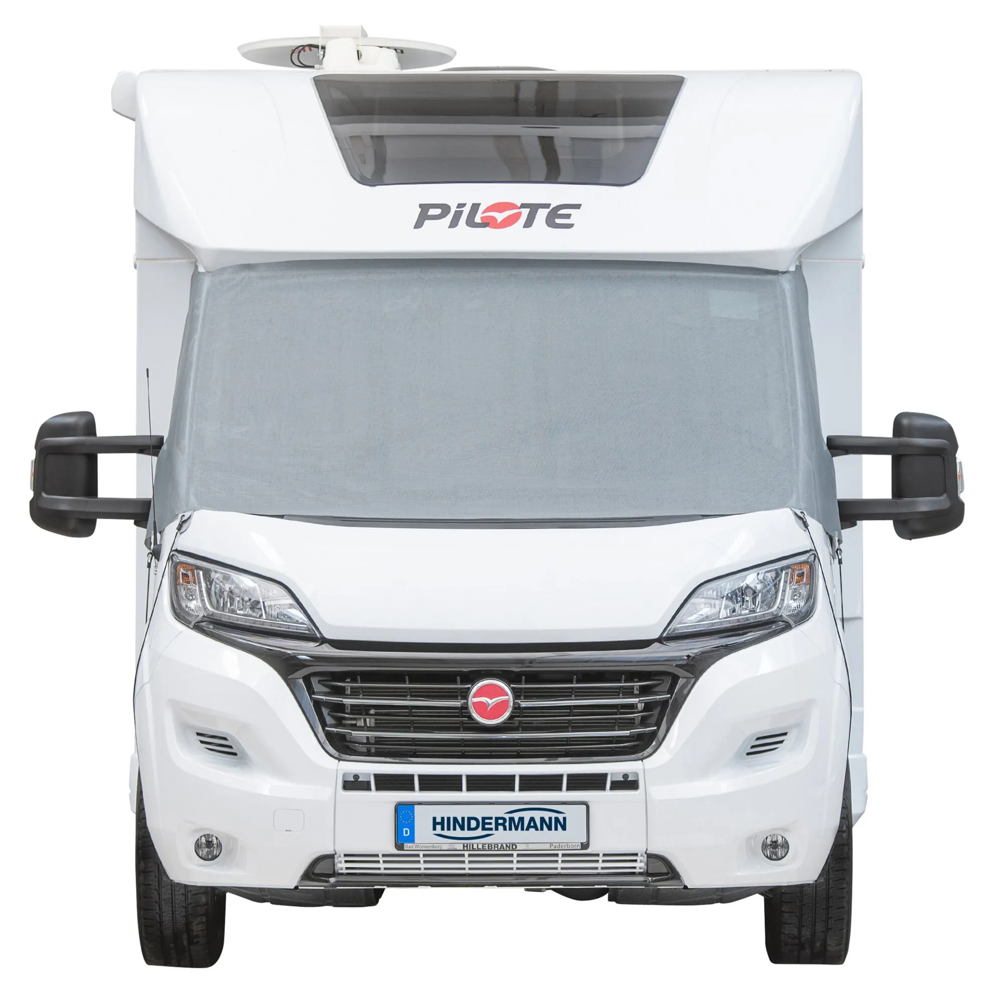 Graue Sonnenschutzmatte Screen am Fahrerhaus eines weißen Wohnmobils, passend für VW Crafter Gen. 2 und MAN TGE