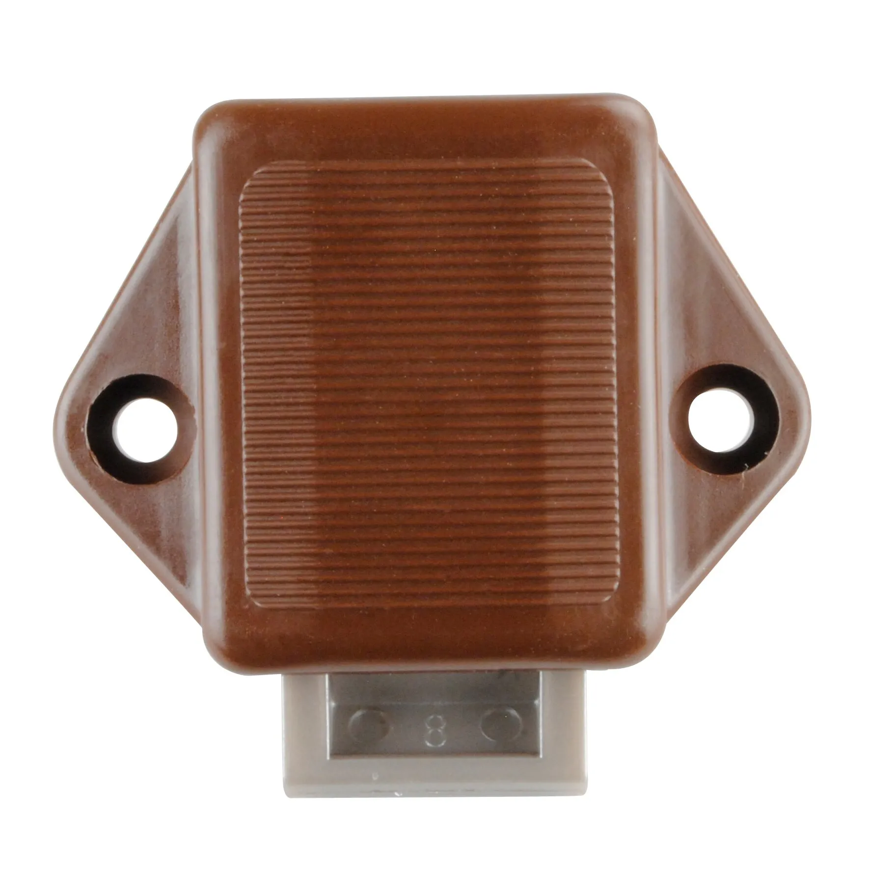 Braunes Aufschraub-Riegelschloss Push-Lock Mini mit geriffelter Front, zwei Befestigungsöffnungen und herausgeschobenem Metallriegel