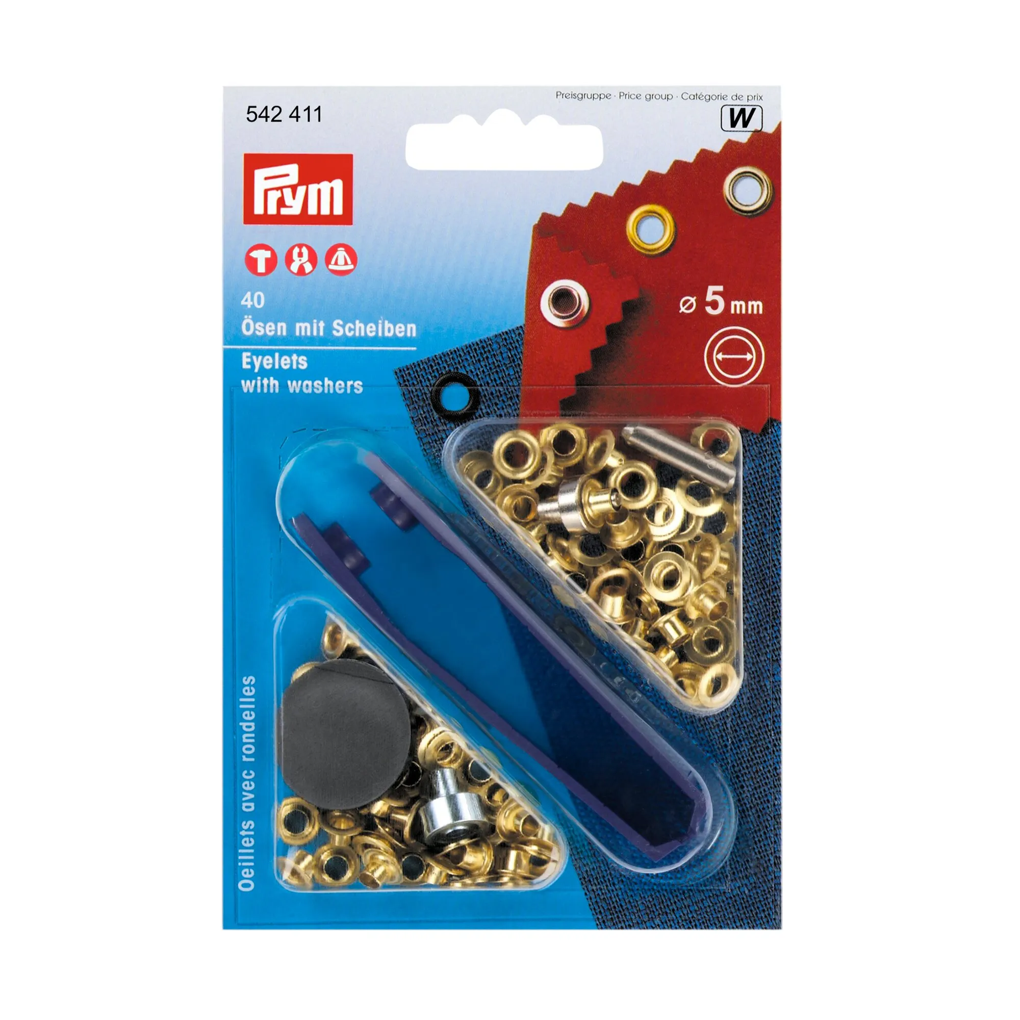 Prym Ösen und Scheiben, 5 mm, 40 goldfarbene Ösen mit Werkzeug und schwarzen sowie silbernen Scheiben in Blisterverpackung