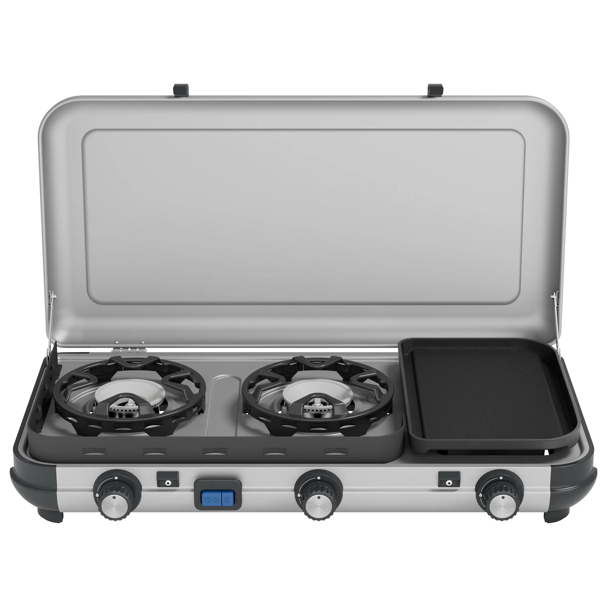 Grauer Camping-Gaskocher Camping Kitchen 2 MULTI-COOK mit zwei Brennern, offenem Deckel und herausnehmbarer Grillplatte