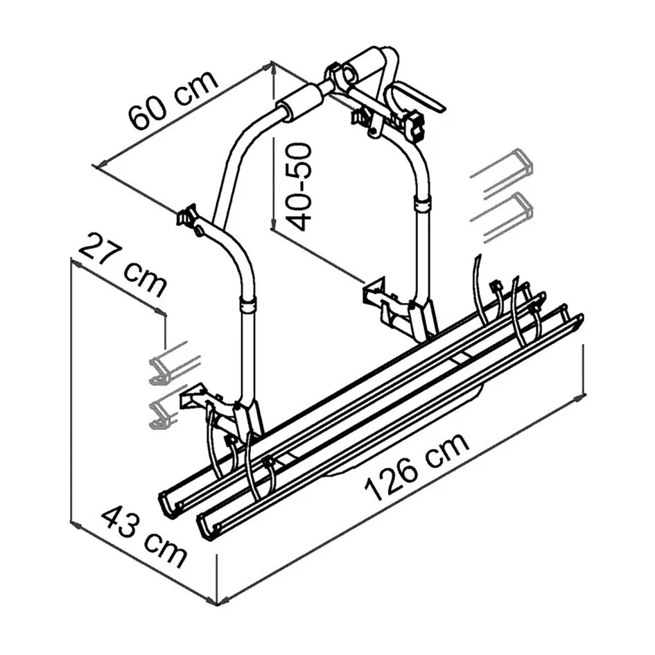 Technische Zeichnung des Fahrradträgers Thule Caravan Light mit zwei Schienen, Haltebügeln und Maßangaben 126, 43, 60, 27 und 40–50 cm