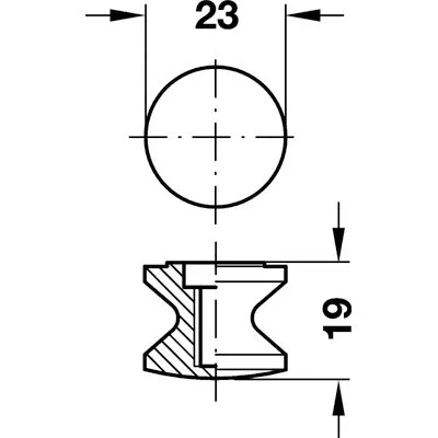 Technische Zeichnung eines braunen Druckknopfs mit Vorder- und Schnittansicht, Durchmesser 23 mm und Höhe 19 mm