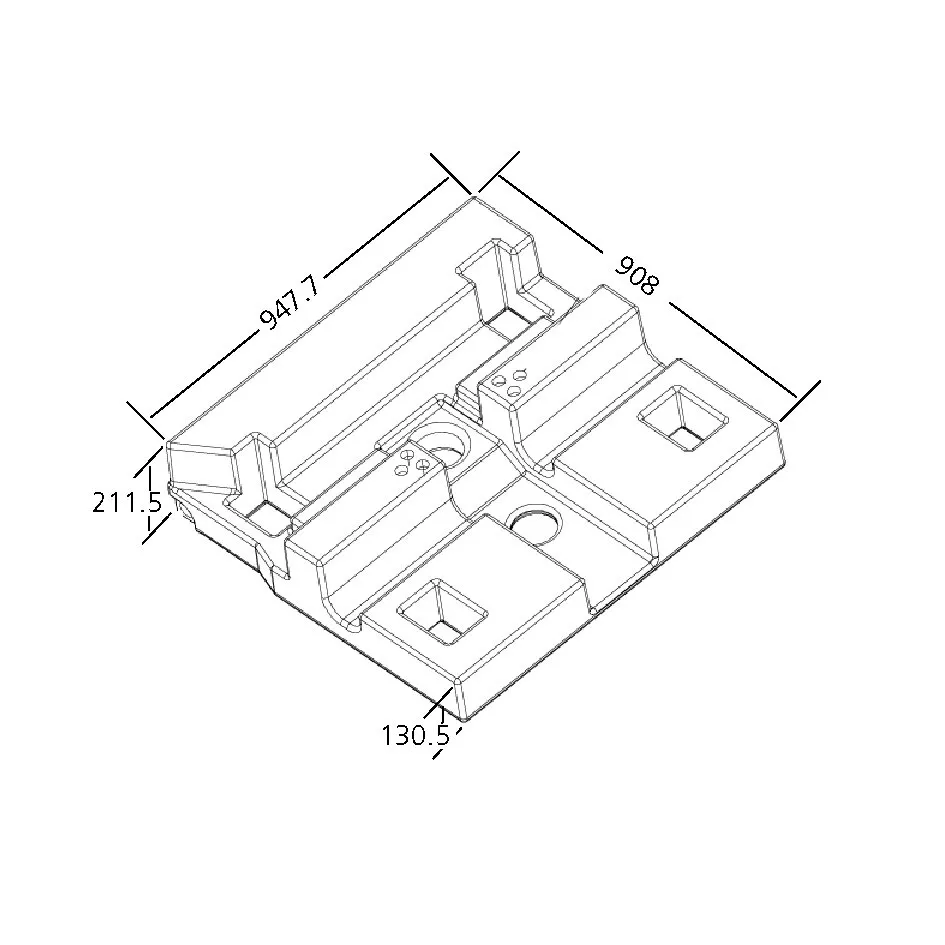 Technische Zeichnung eines Abwassertanks 90 mit mehreren Öffnungen und Vertiefungen, Bemaßung 947,7 × 908 × 211,5 Millimeter