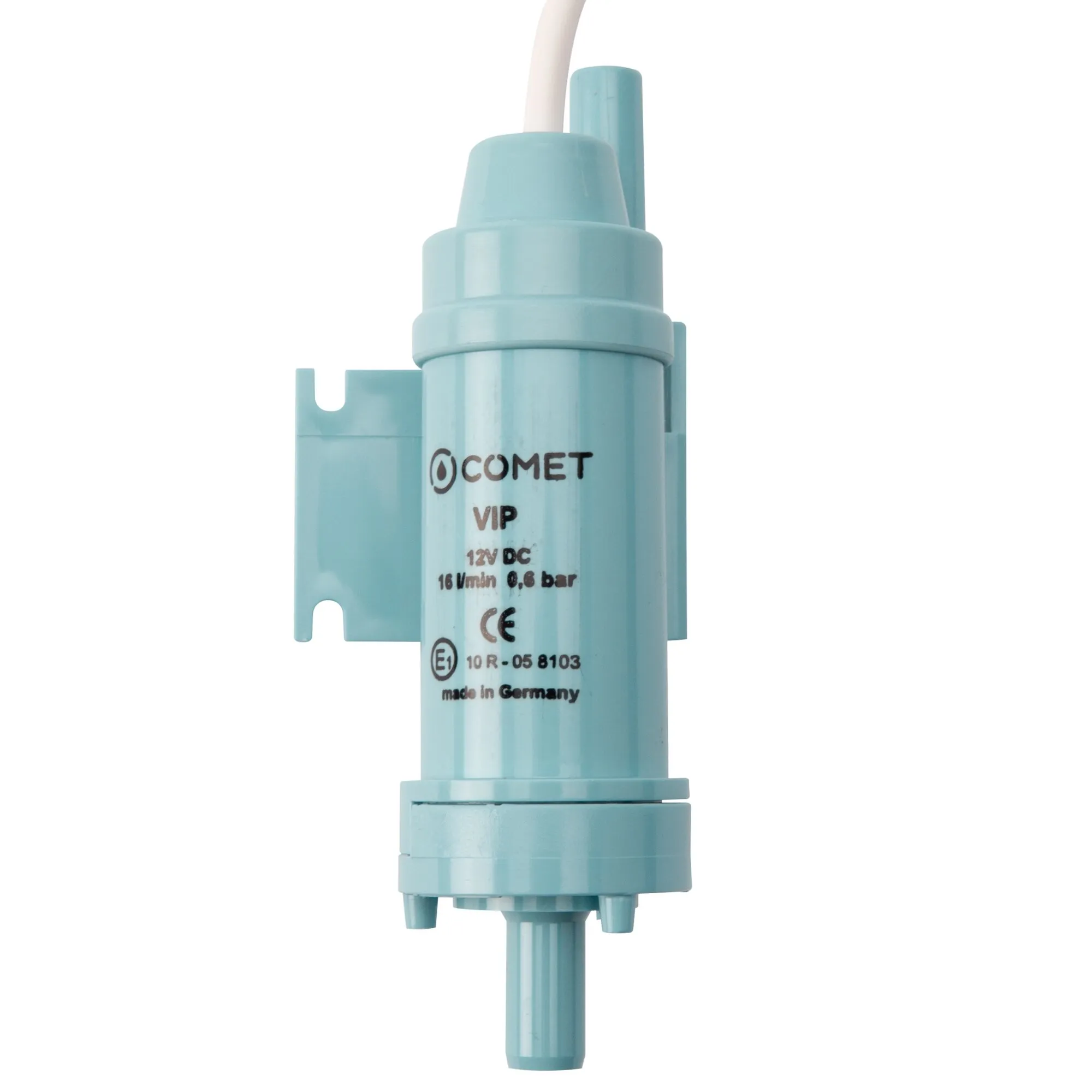 Türkisfarbene Comet Inline-Verstärkerpumpe VIP mit Halterung, 12 V Gleichstrom und 16 l/min Förderleistung
