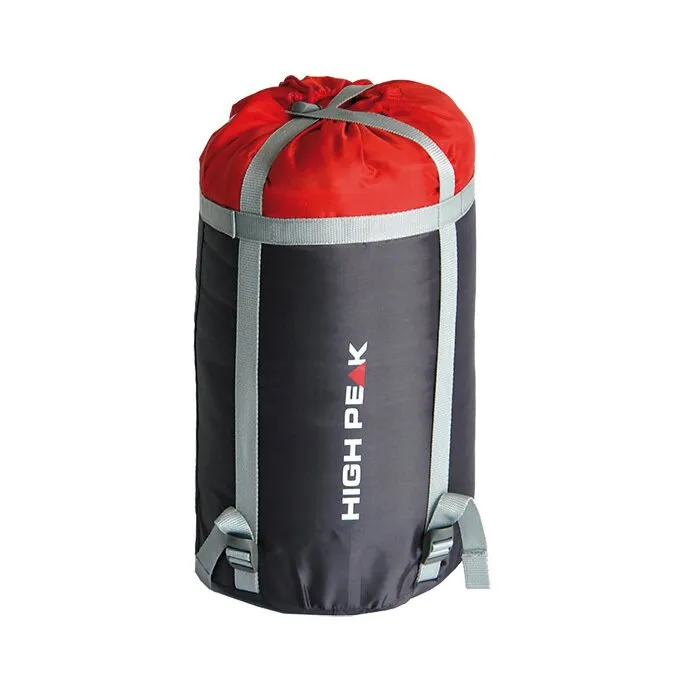 Roter Mumienschlafsack Lite Pak 800 im schwarzen Kompressionssack mit grauen Tragegurten und HIGH PEAK-Aufdruck